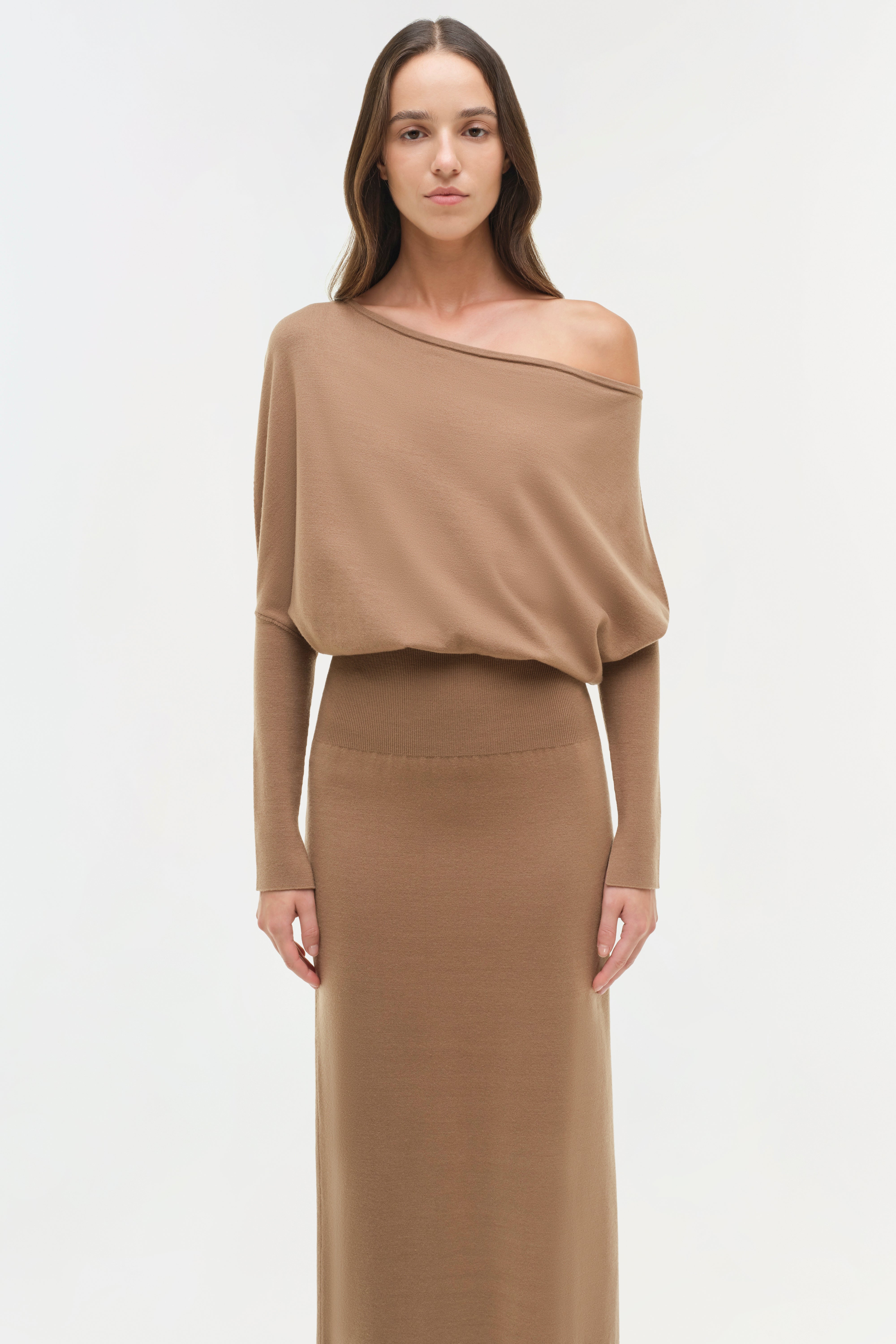 SIMKHAI Janese Off-The-Shoulder Knit Midi Dress - Camel SIMKHAI Janese Off-The-Shoulder Knit Midi Dress - Camel
