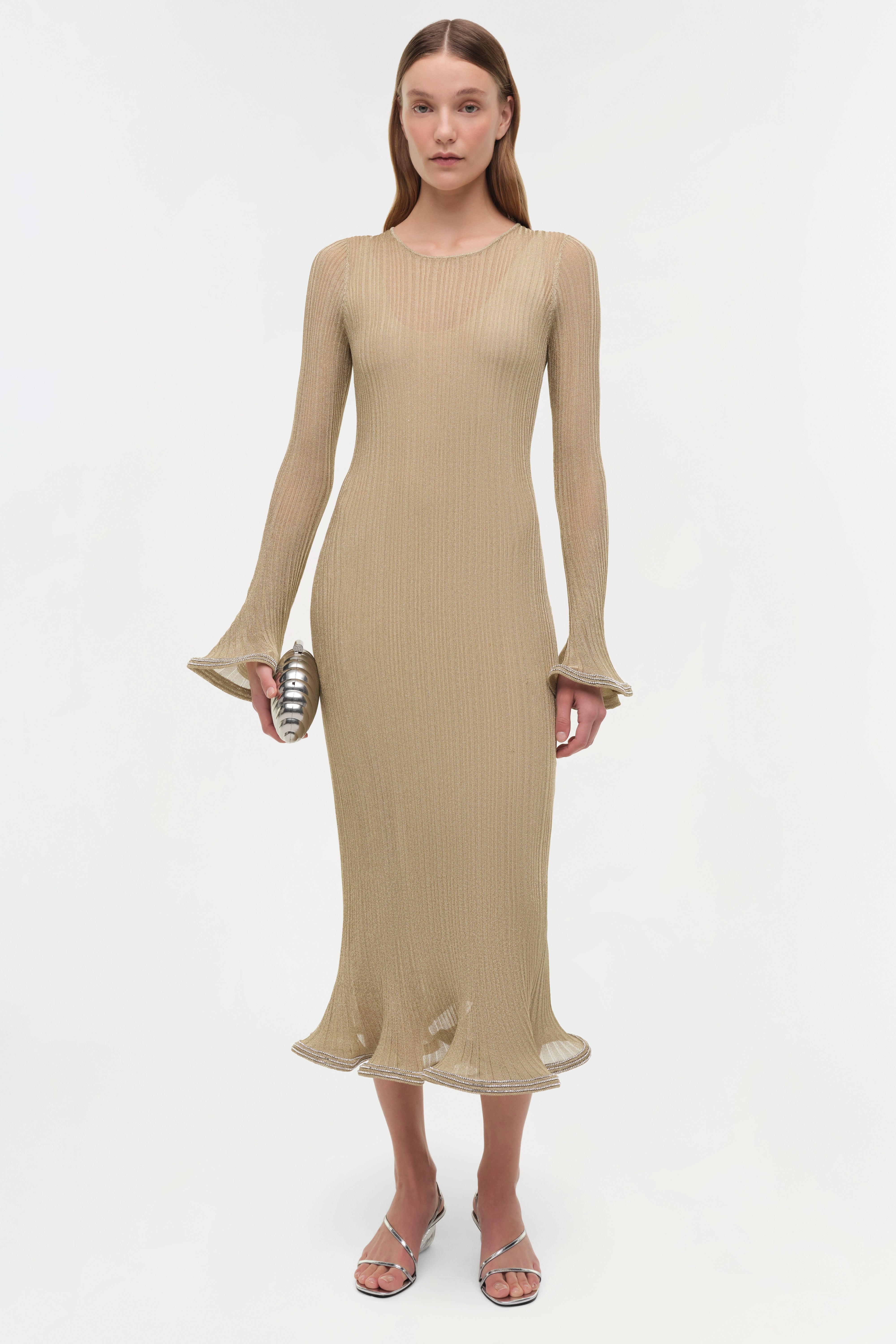 SIMKHAI Women's Knitted Chessie Metallic Plisse Midi Dress in Gold, Size Large SIMKHAI Women's Knitted Chessie Metallic Plisse Midi Dress in Gold, Size Large