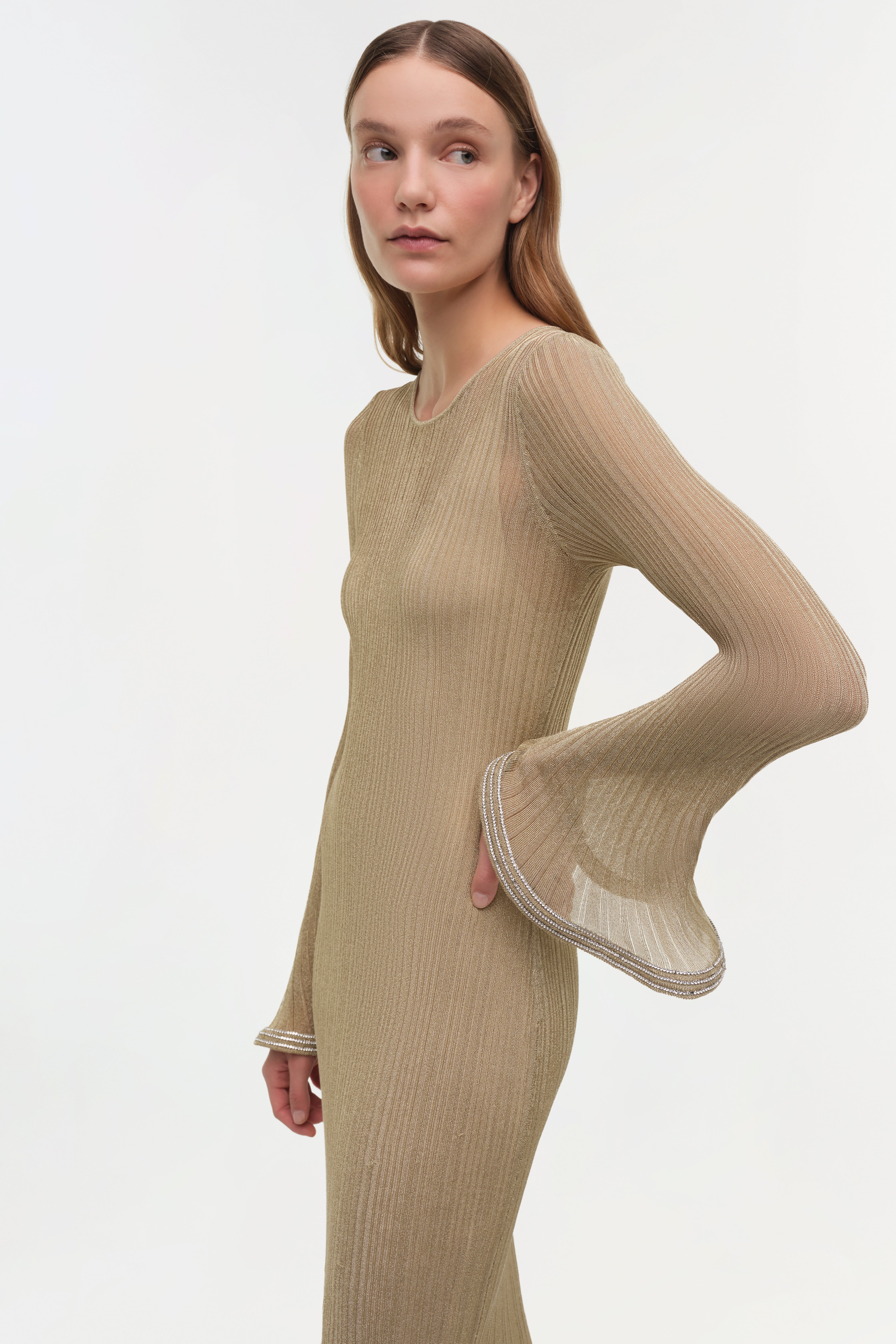 SIMKHAI Women's Knitted Chessie Metallic Plisse Midi Dress in Gold, Size Large SIMKHAI Women's Knitted Chessie Metallic Plisse Midi Dress in Gold, Size Large