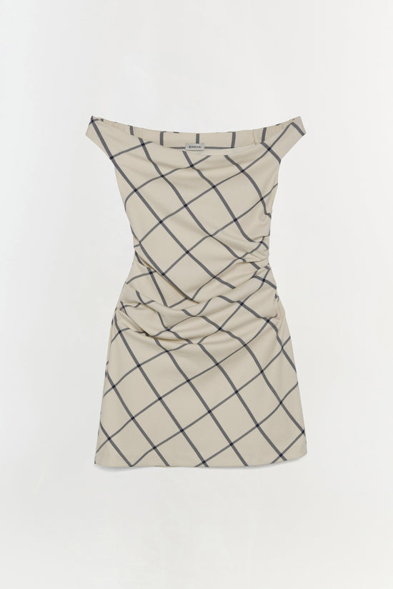 Cream mini dress with charcoal geometric grid pattern and ruched side detailing.