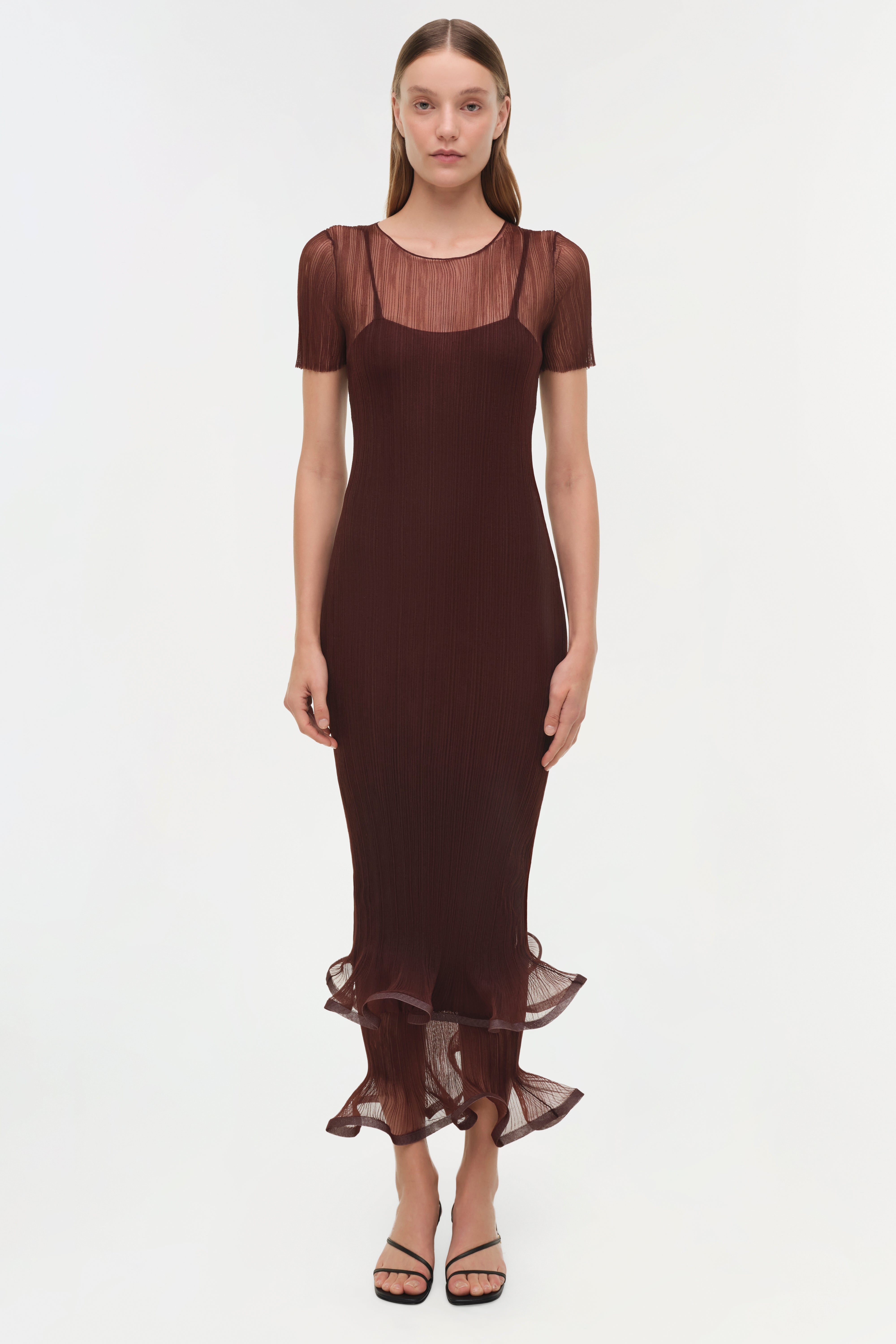 SIMKHAI Women's Selena Pleated Chiffon Midi-Dress - Mahogany - Size Large SIMKHAI Women's Selena Pleated Chiffon Midi-Dress - Mahogany - Size Large