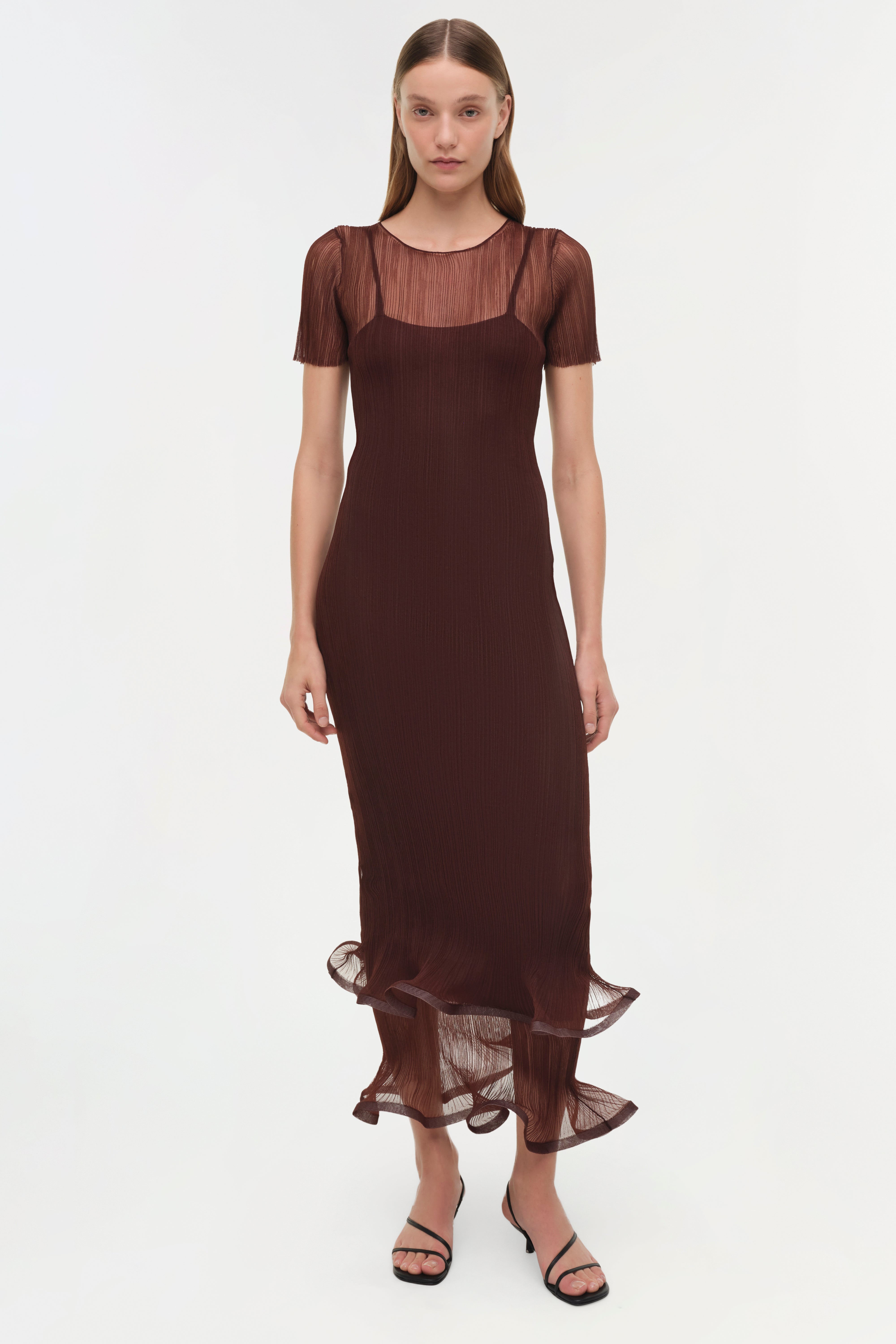 Simkhai Women's Selena Pleated Chiffon Midi-Dress - Mahogany - Size Large Simkhai Women's Selena Pleated Chiffon Midi-Dress - Mahogany - Size Large