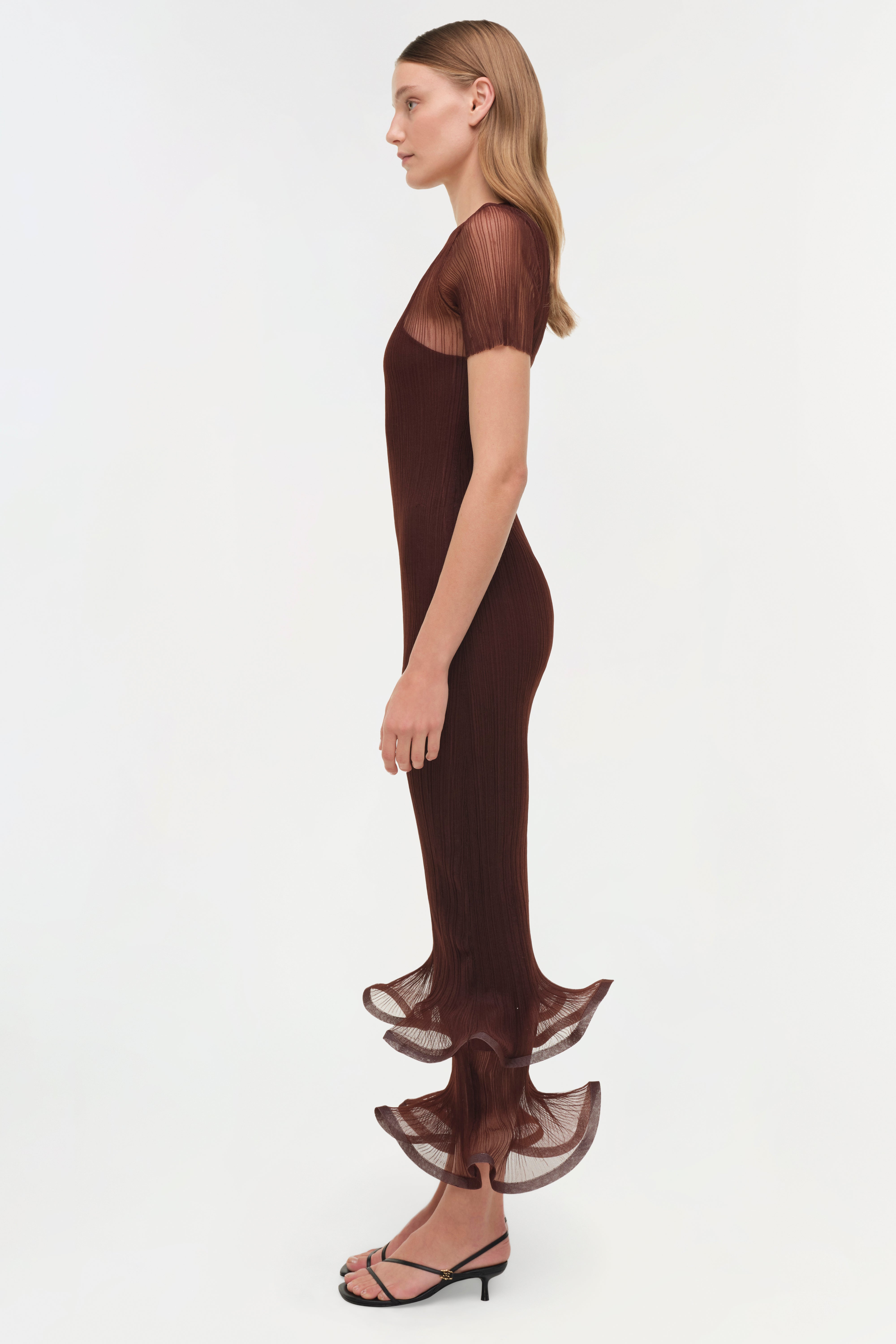 SIMKHAI Women's Selena Pleated Chiffon Midi-Dress - Mahogany - Size Large SIMKHAI Women's Selena Pleated Chiffon Midi-Dress - Mahogany - Size Large