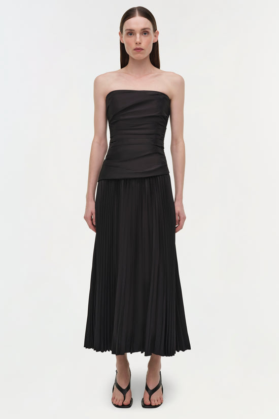 arie strapless cotton midi dress Arie Pleated Poplin Strapless Bustier Midi Dress