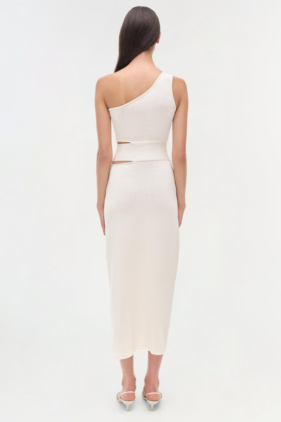 Cream-colored sleeveless midi dress with one-shoulder neckline and cutout details at waist, shown from back view.