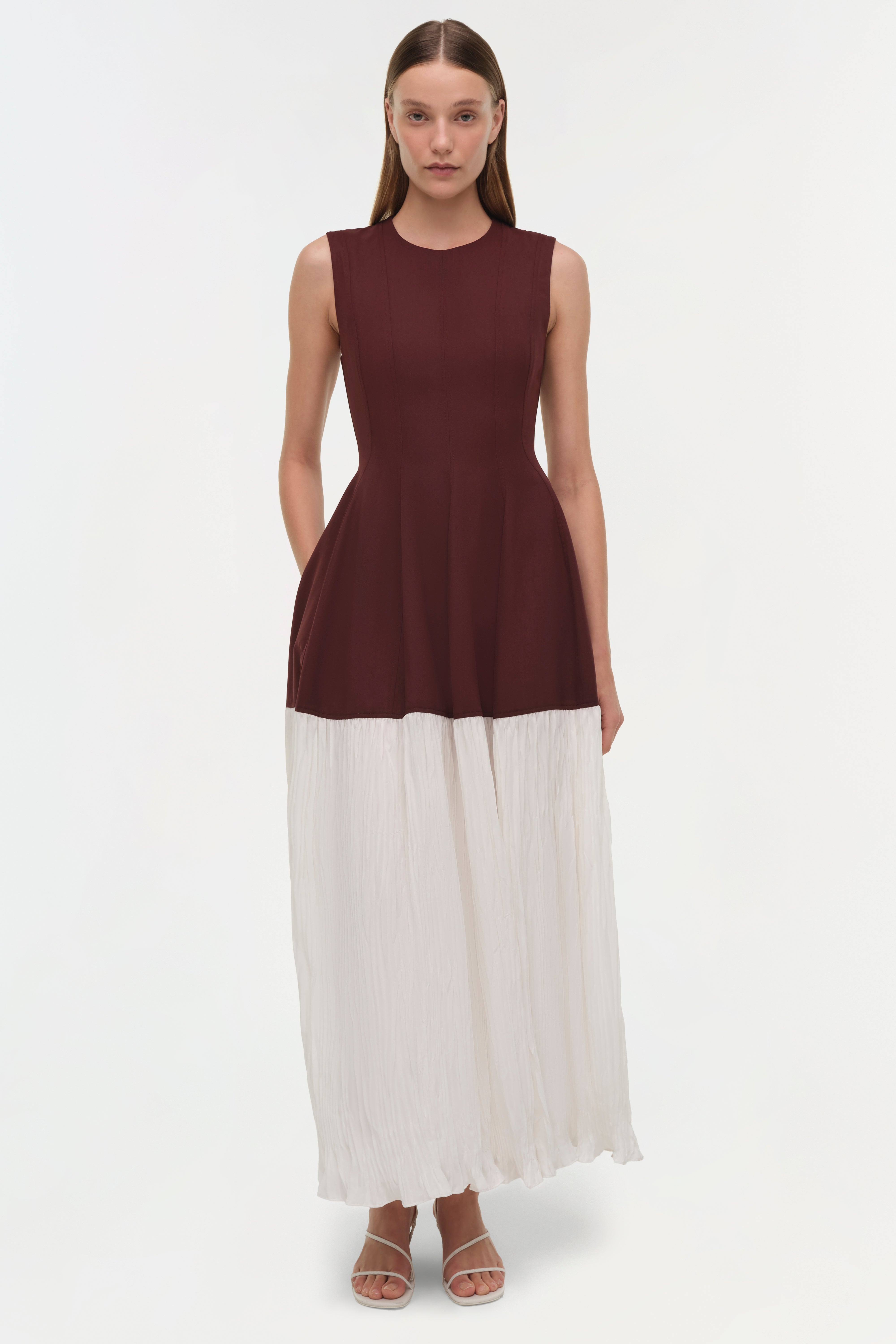 midi pleated skirt dress Raleigh Pleated Midi Dress in Mahogany Multi Red / 0 US