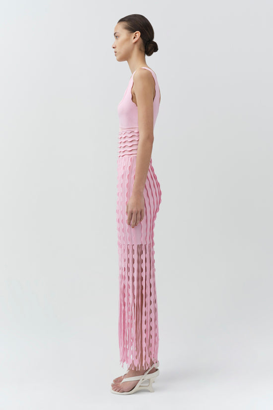pink knit dress midi Handmade Pink Knit Midi Dress: Elegant Lace A-Line Summer Dress