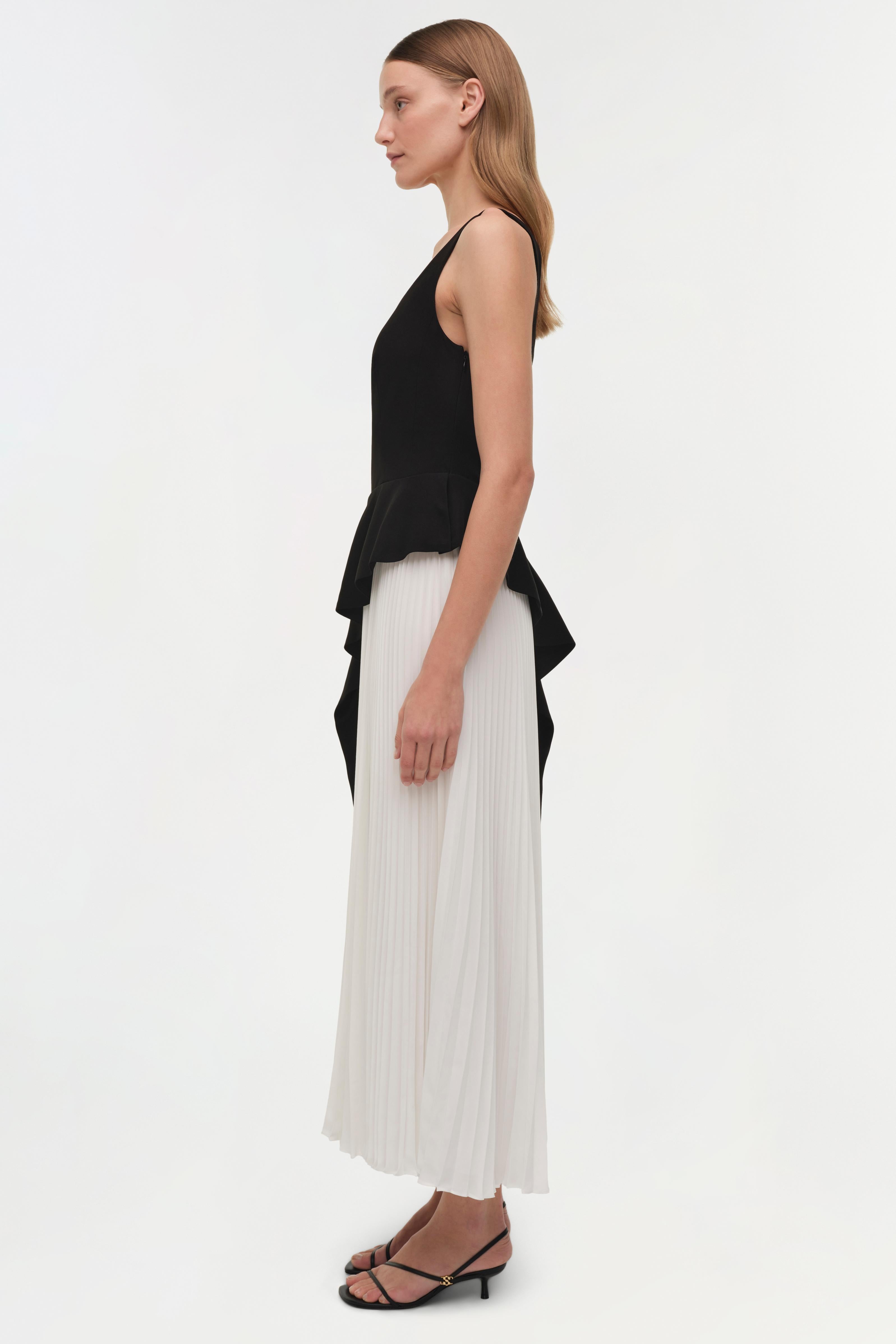 black and white pleated midi dress Stark Differences Black & Ivory Contrast Pleated Midi Dress