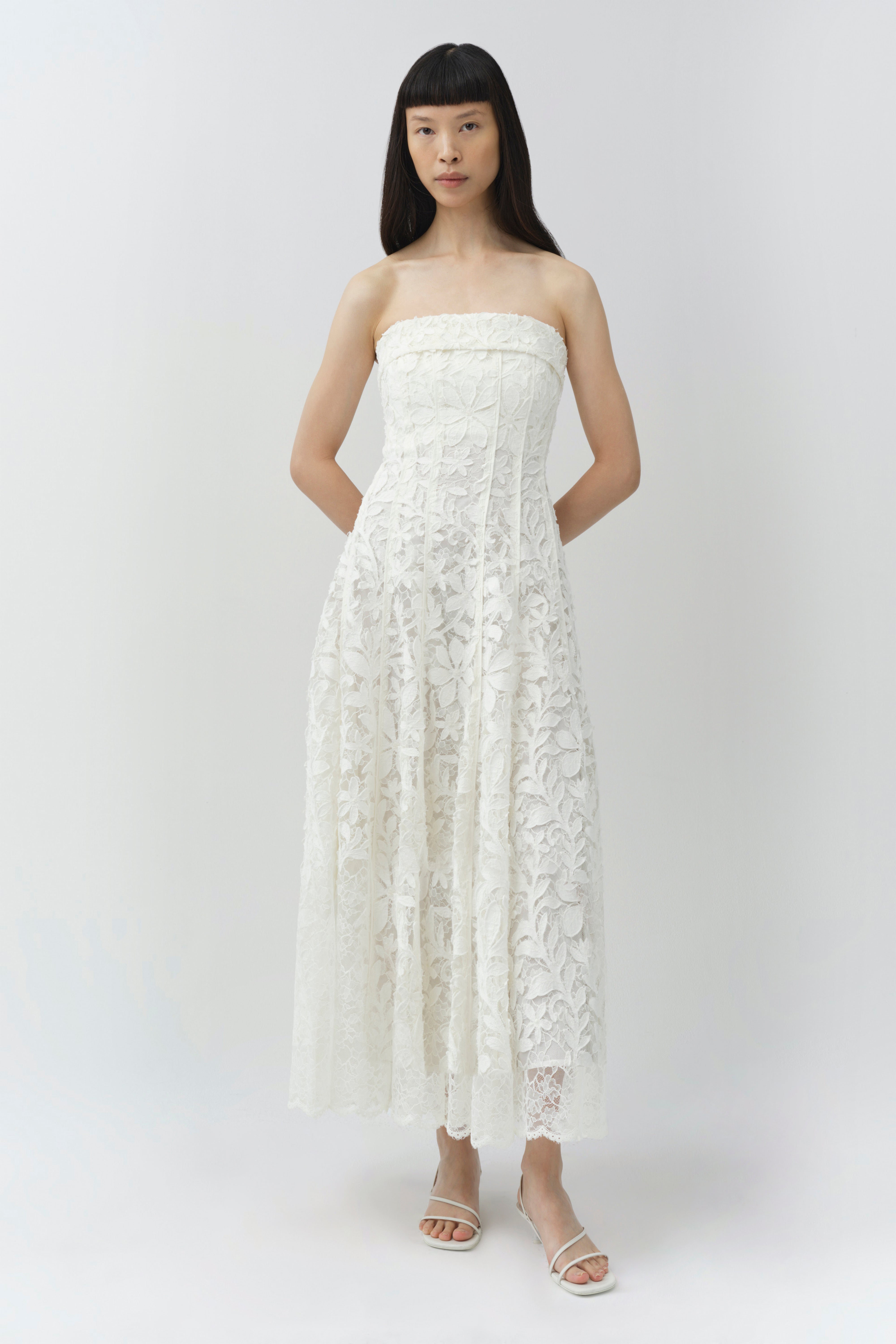SIMKHAI Women's Imogen Lace Bustier Midi Dress in White, Size 12 SIMKHAI Women's Imogen Lace Bustier Midi Dress in White, Size 12