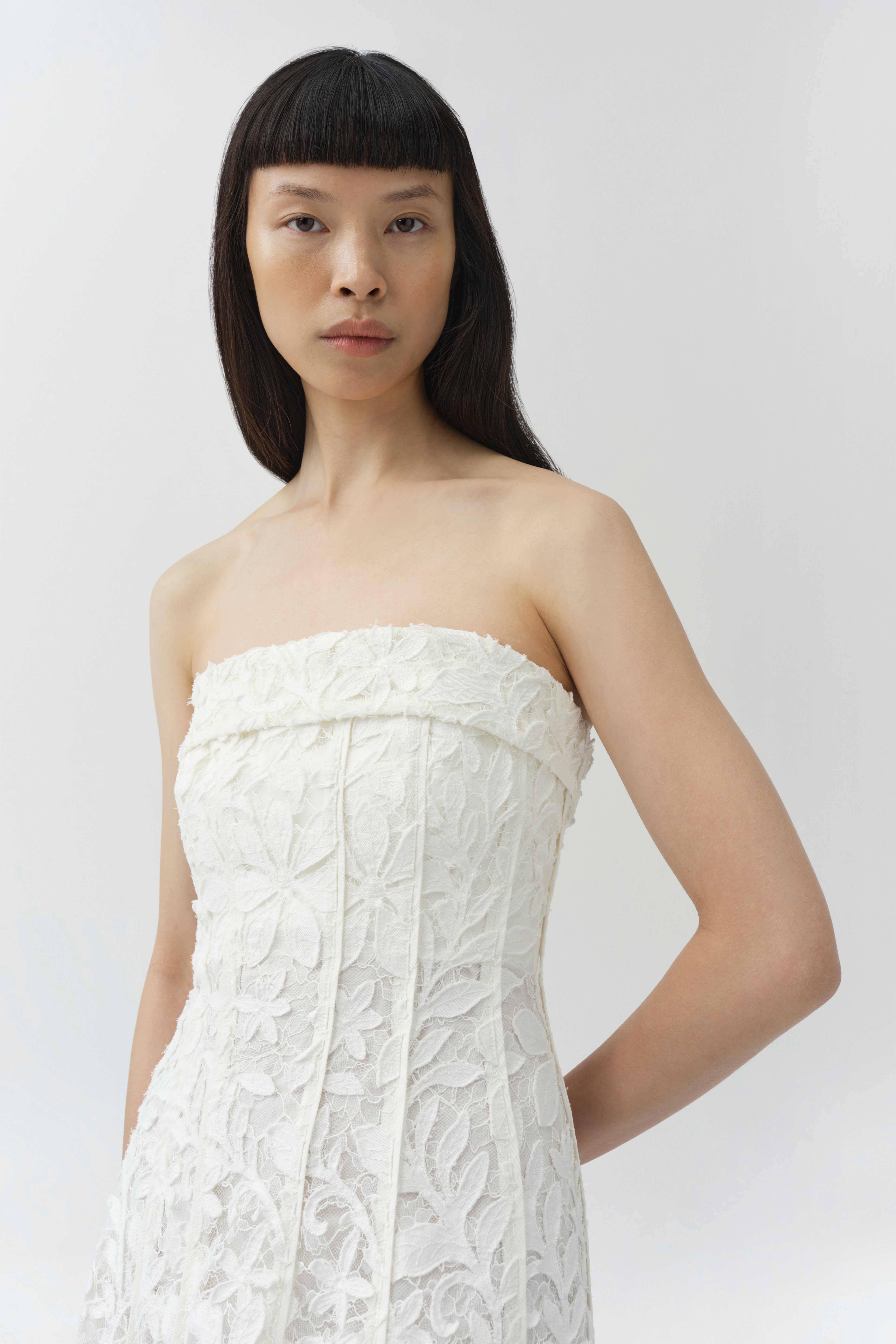 jonathan simkhai embroidered lace bustier dress SIMKHAI Imogen Cotton Lace Bustier Midi Dress in Yellow
