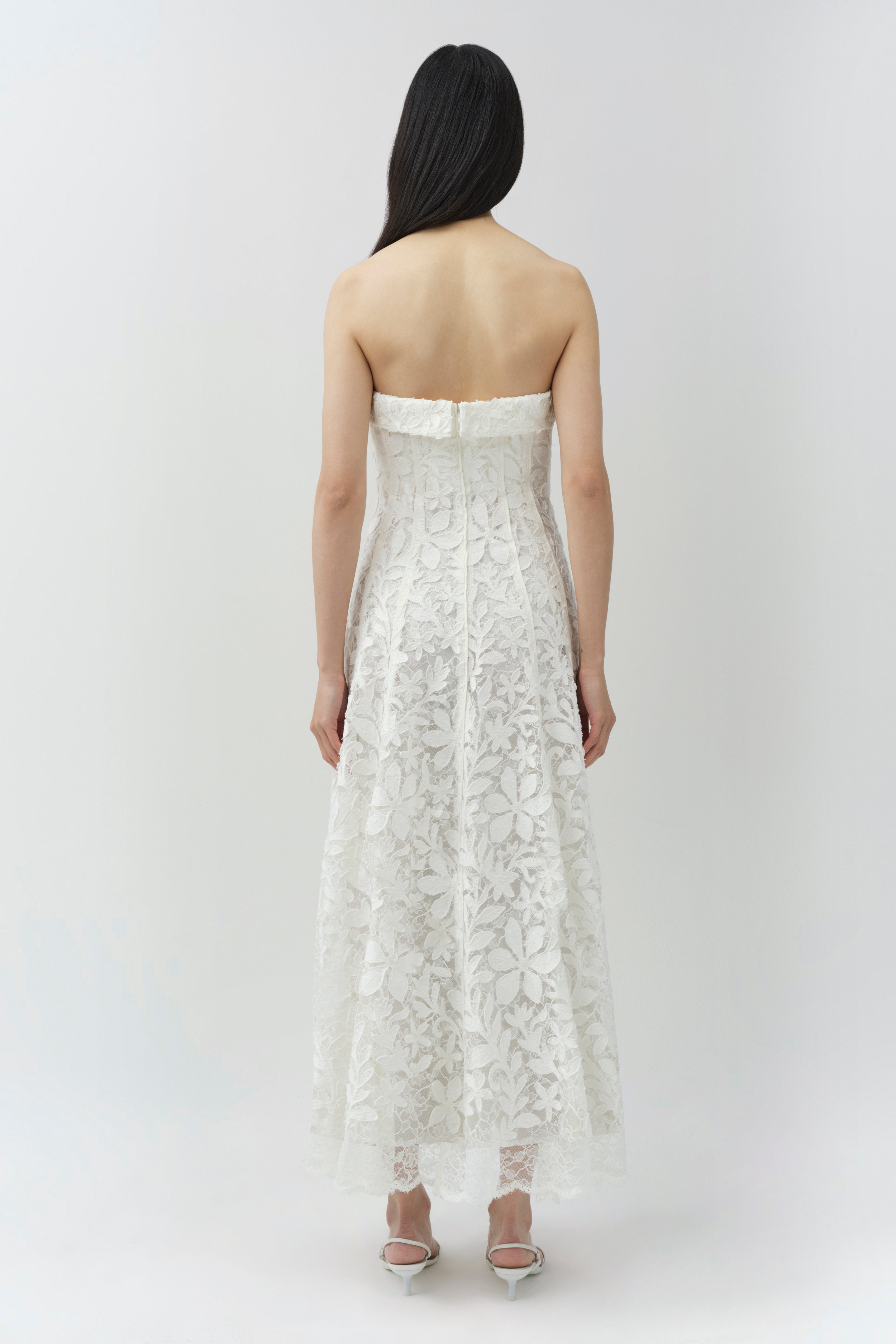 SIMKHAI Women's Imogen Lace Bustier Midi Dress in White, Size 12 SIMKHAI Women's Imogen Lace Bustier Midi Dress in White, Size 12