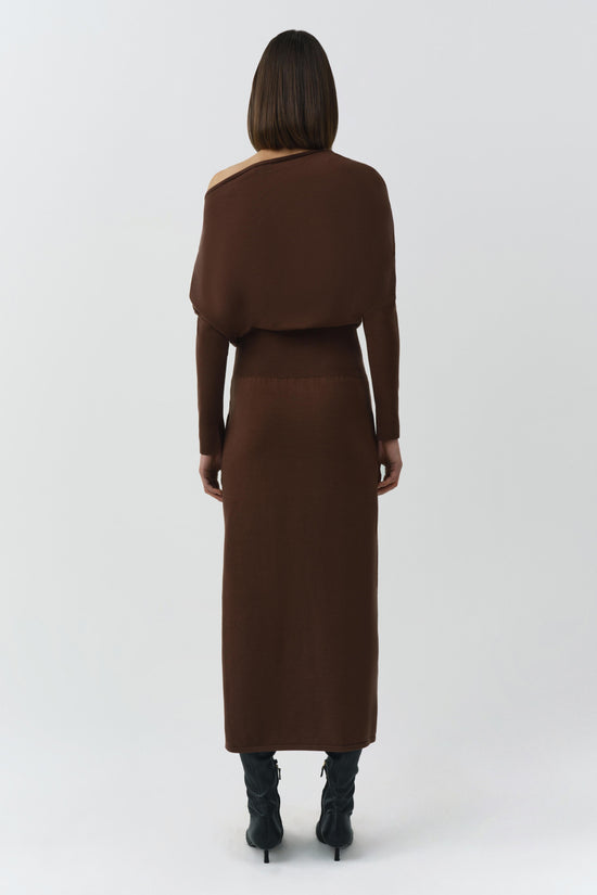 Brown long-sleeve dress with draped overlay top and midi-length skirt, shown from back view.
