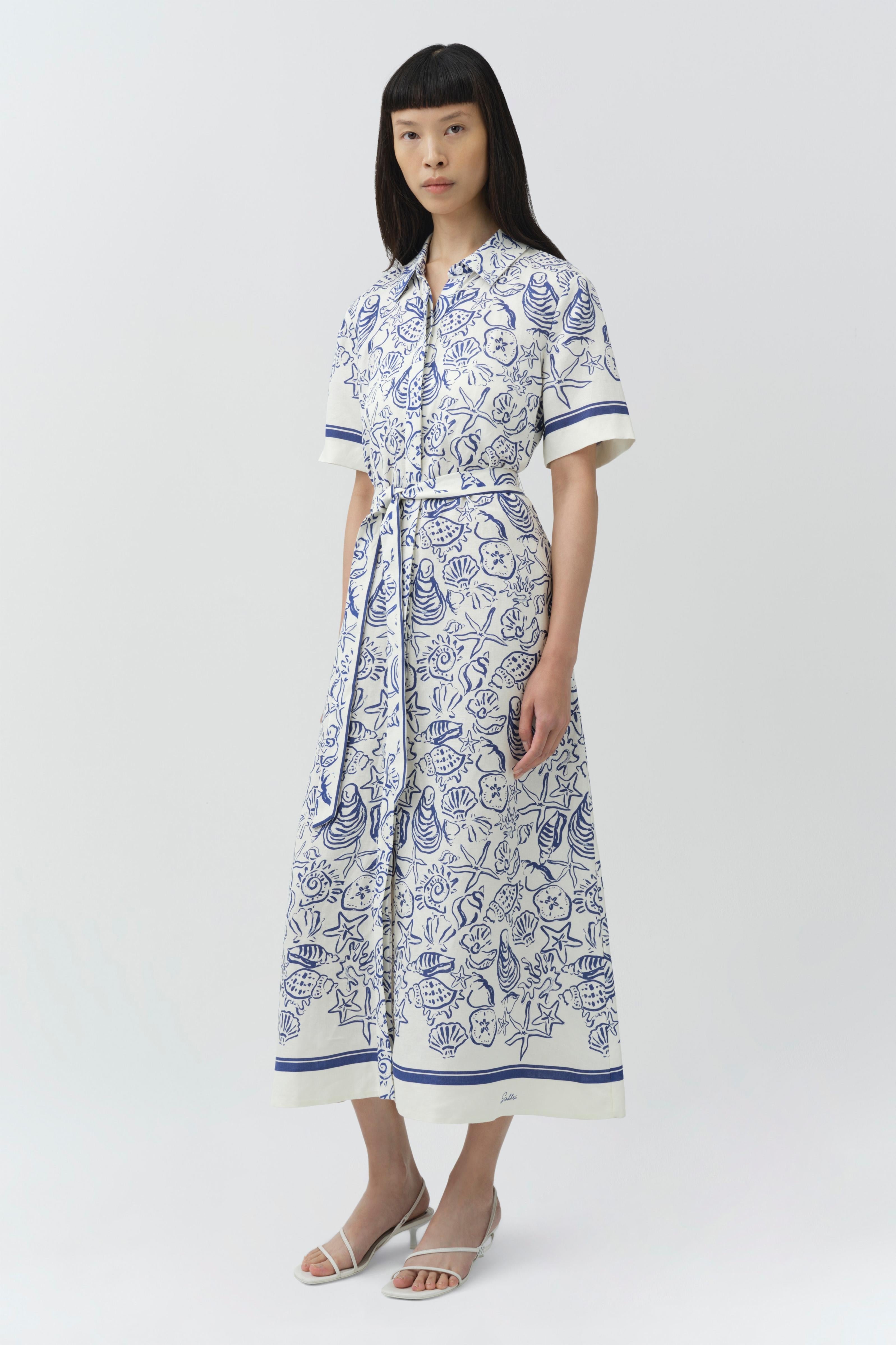 SIMKHAI Women's Audria Belted Linen Midi Dress in Blueberry Multi, Size Small SIMKHAI Women's Audria Belted Linen Midi Dress in Blueberry Multi, Size Small