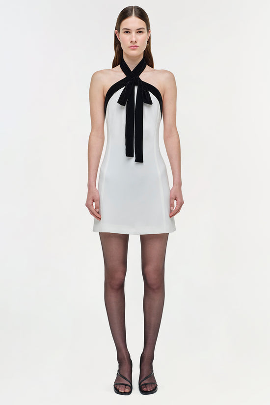 White dress with black ribbon tie