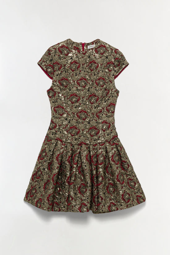 Gold and burgundy jacquard mini dress with short sleeves, crew neckline, and pleated skirt.