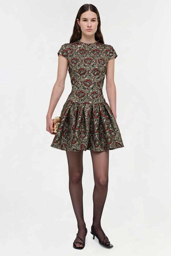 Woman wearing short-sleeve mini dress with gold and red floral jacquard pattern, fitted bodice, and pleated skirt.