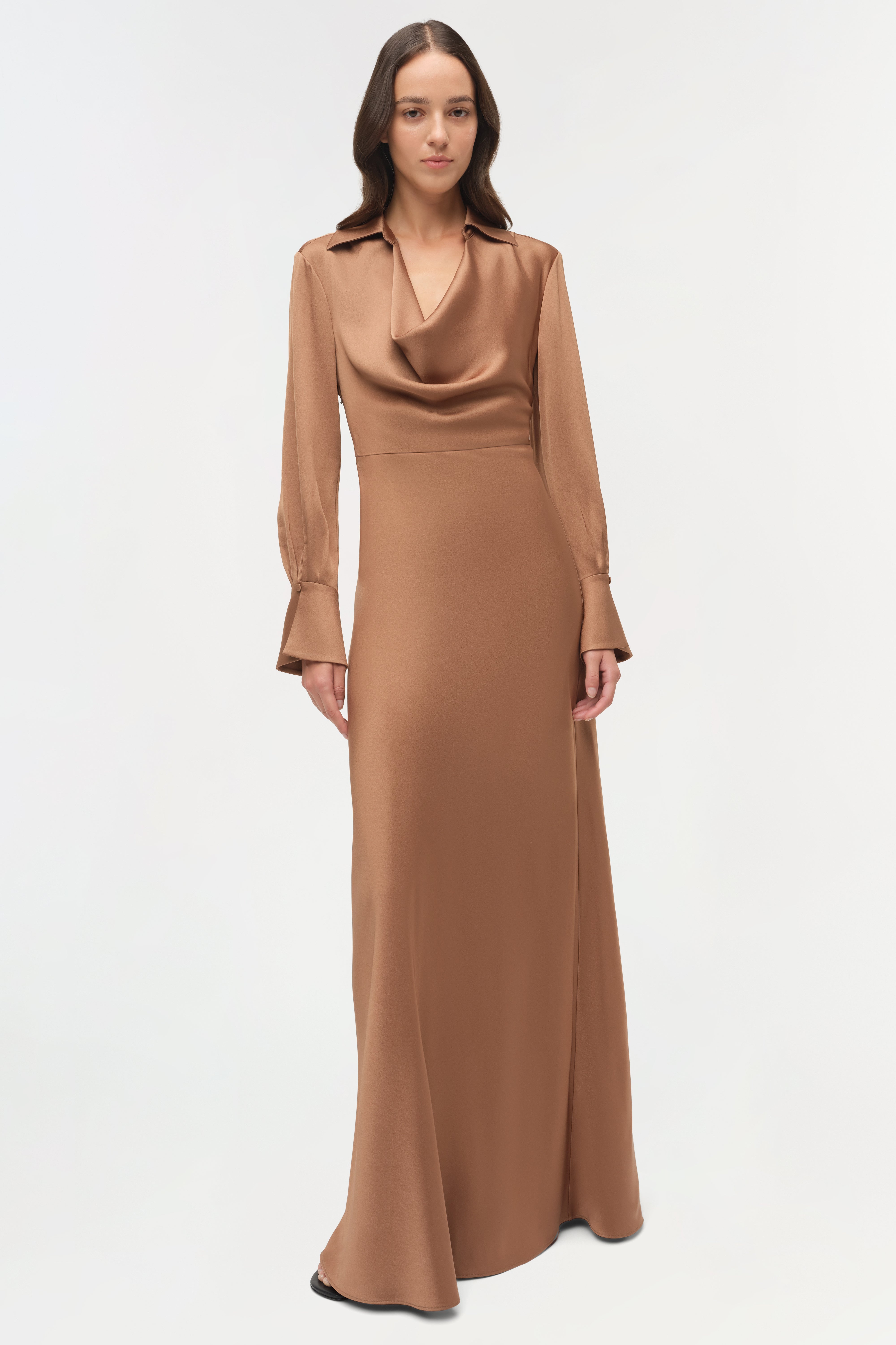 draped satin dress Myla Shoulders Maxi / Khaki | MESHKI shoulder moment with dramatic drape detail designed to turn heads Asymmetric draped satin-crepe midi dress