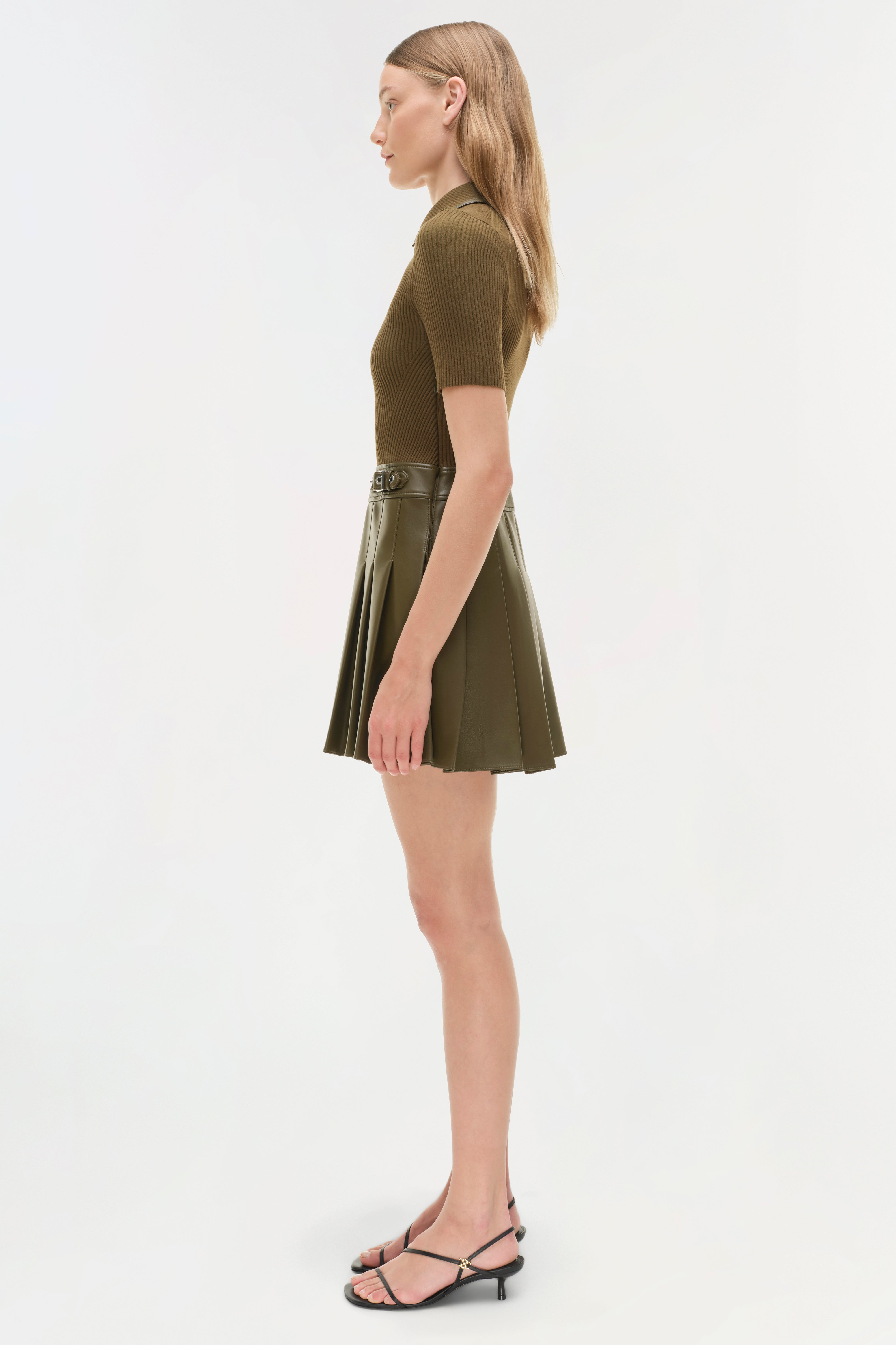 Simkhai Women's Linnie Knit Faux Leather Combo Pleated Mini Dress in Green Size XS Simkhai Women's Linnie Knit Faux Leather Combo Pleated Mini Dress in Green Size XS