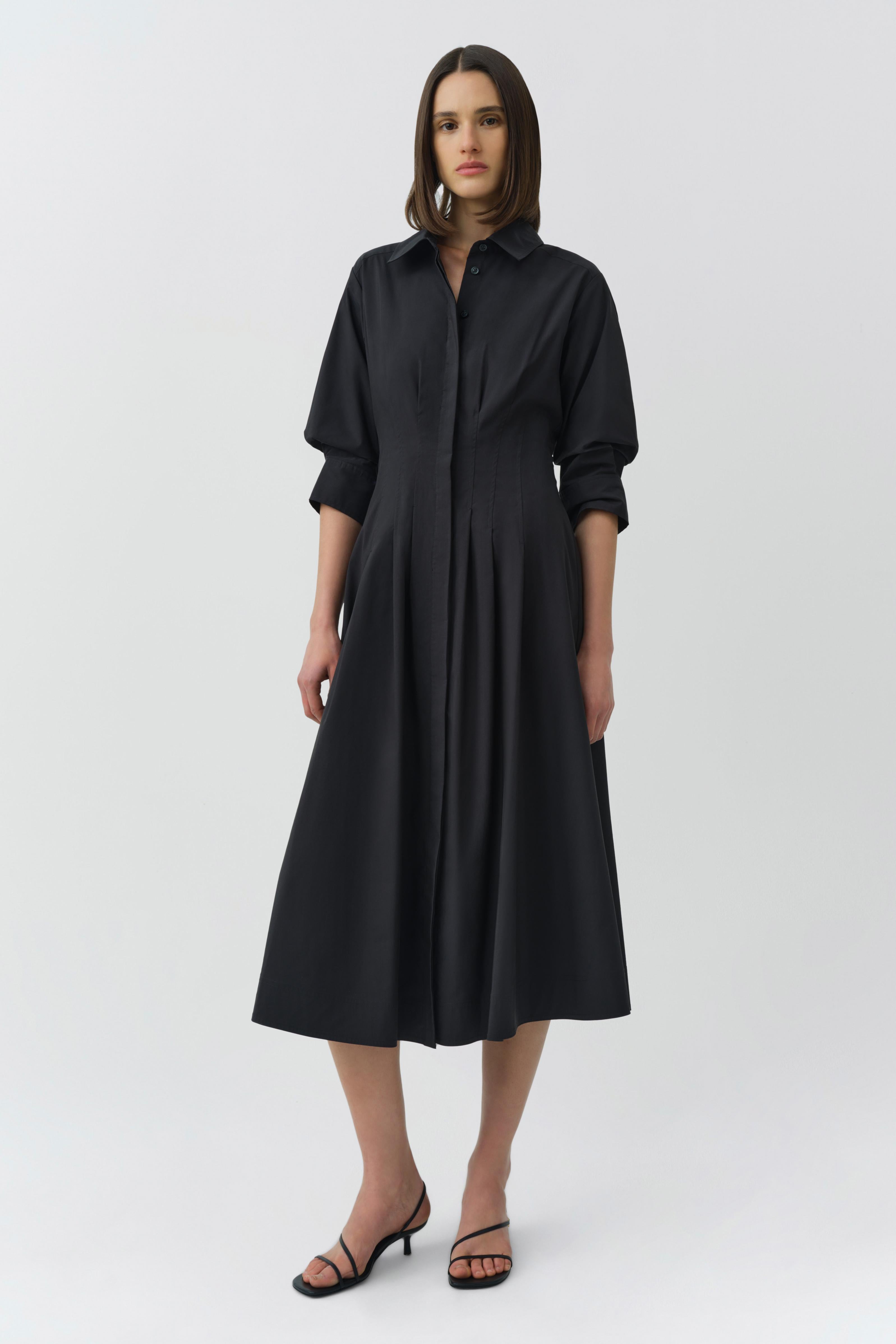 black midi shirt dress Simkhai Jazz Poplin Pintuck Midi Dress - Black