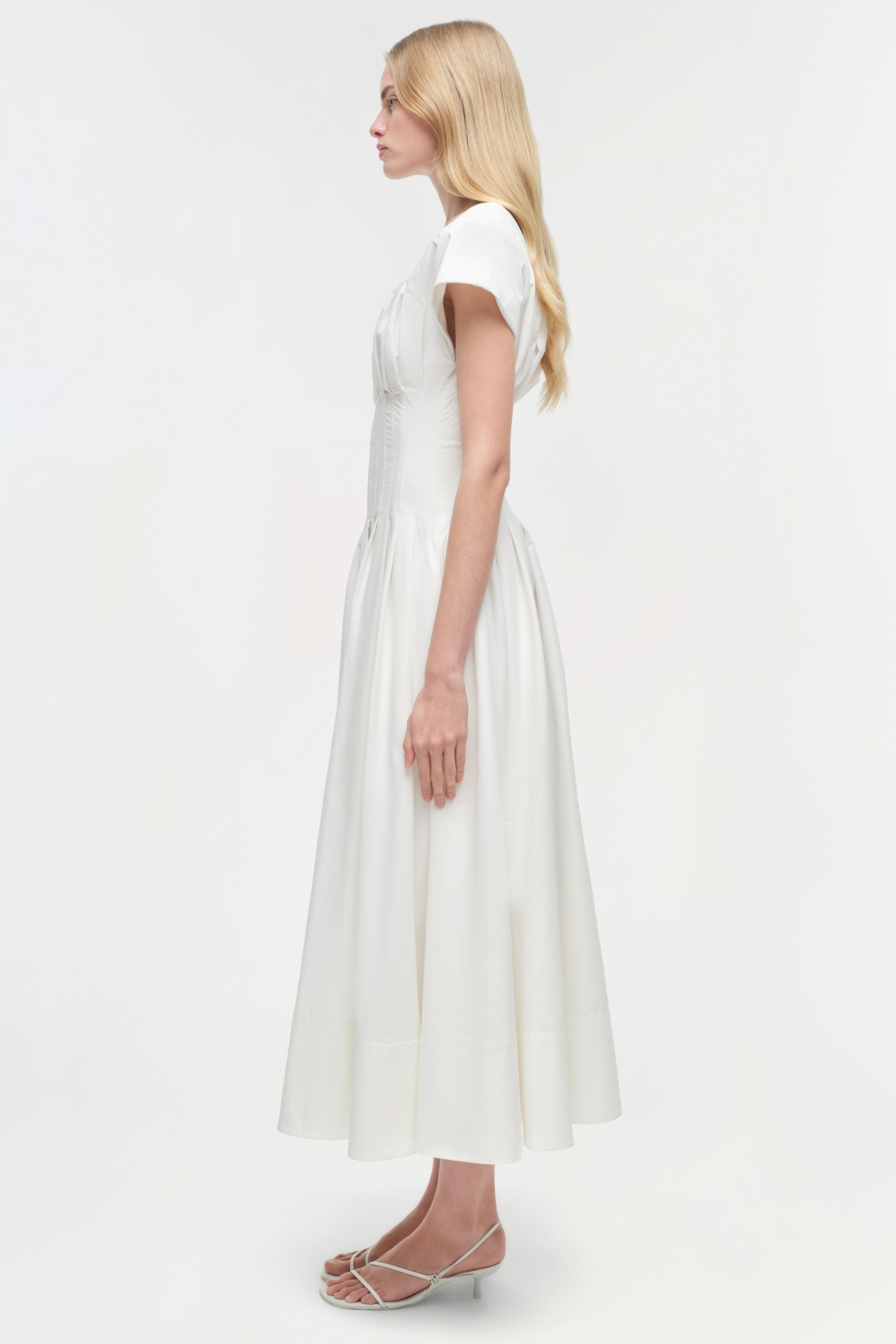Simkhai Nina Pleated Faille Midi Dress - White Simkhai Nina Pleated Faille Midi Dress - White