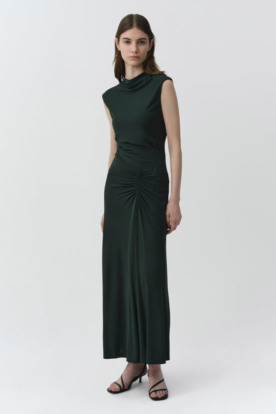 Dark green sleeveless midi dress with cowl neckline and ruched waist detail on model.