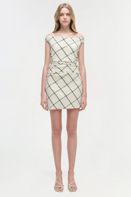 Cream mini dress with gray diagonal grid pattern and off-shoulder short sleeves.