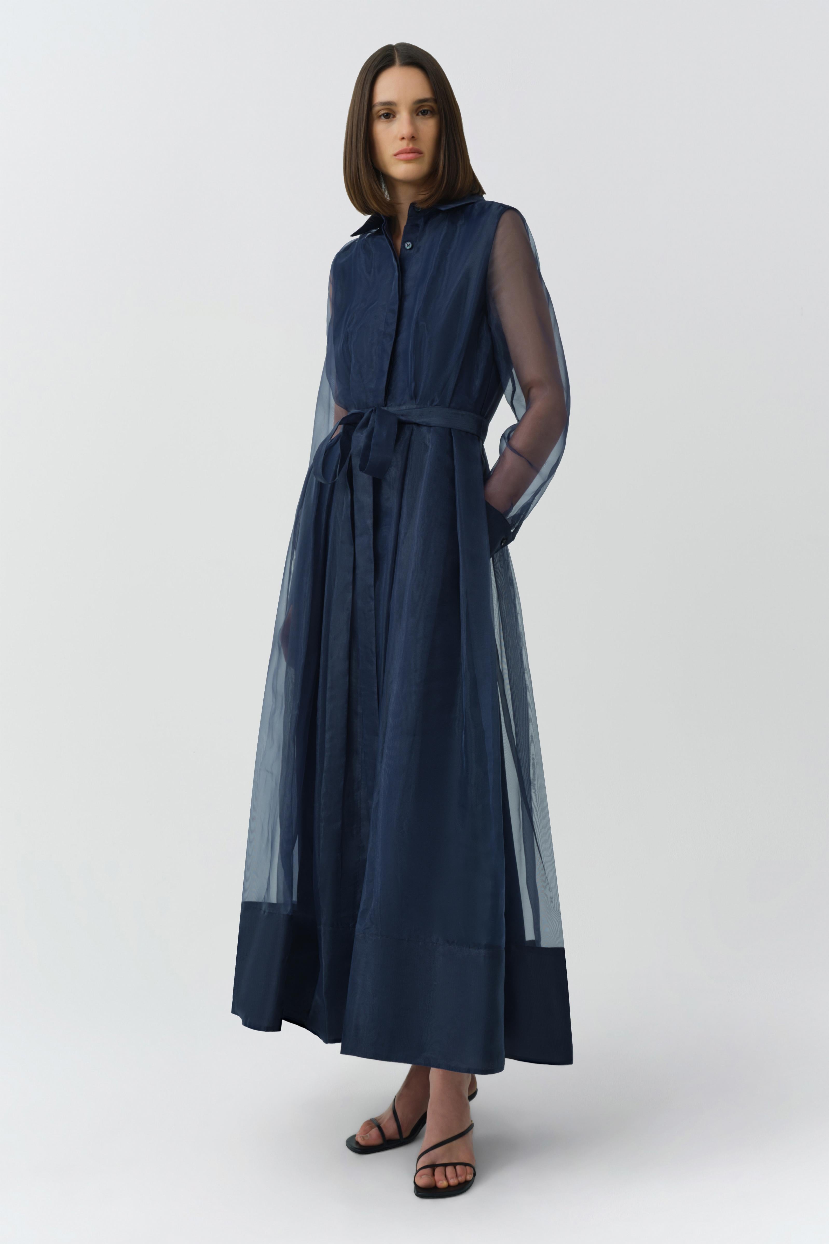 dress midi long sleeve SIMKHAI Montgomery Pleated Organza Maxi Shirtdress, Midnight, Women's,