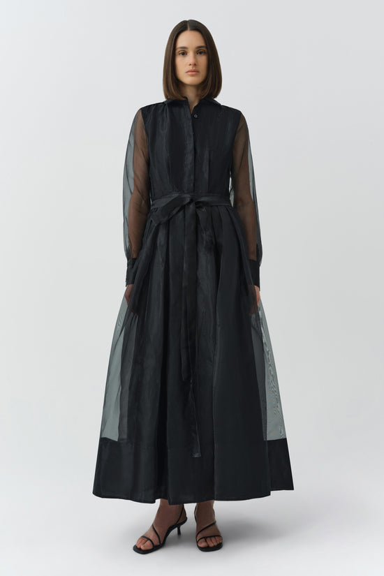 Black long-sleeved dress with sheer mesh sleeves, button front, waist tie, and full skirt, styled with black sandals.