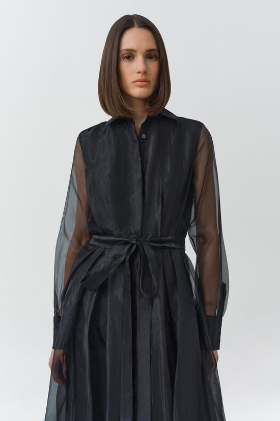 Black Montgomery dress with sheer long sleeves, button-front closure, and tied waist belt on model.
