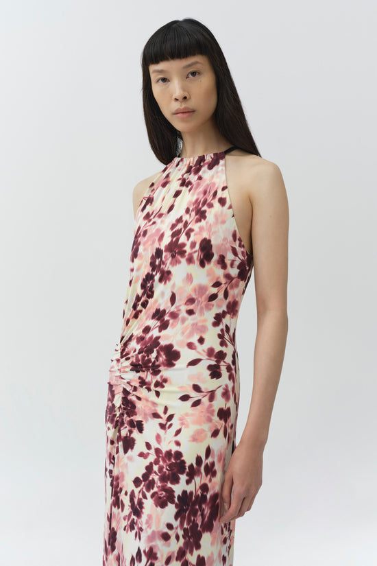 Cream halter maxi dress with burgundy and pink floral print and ruched side detailing.