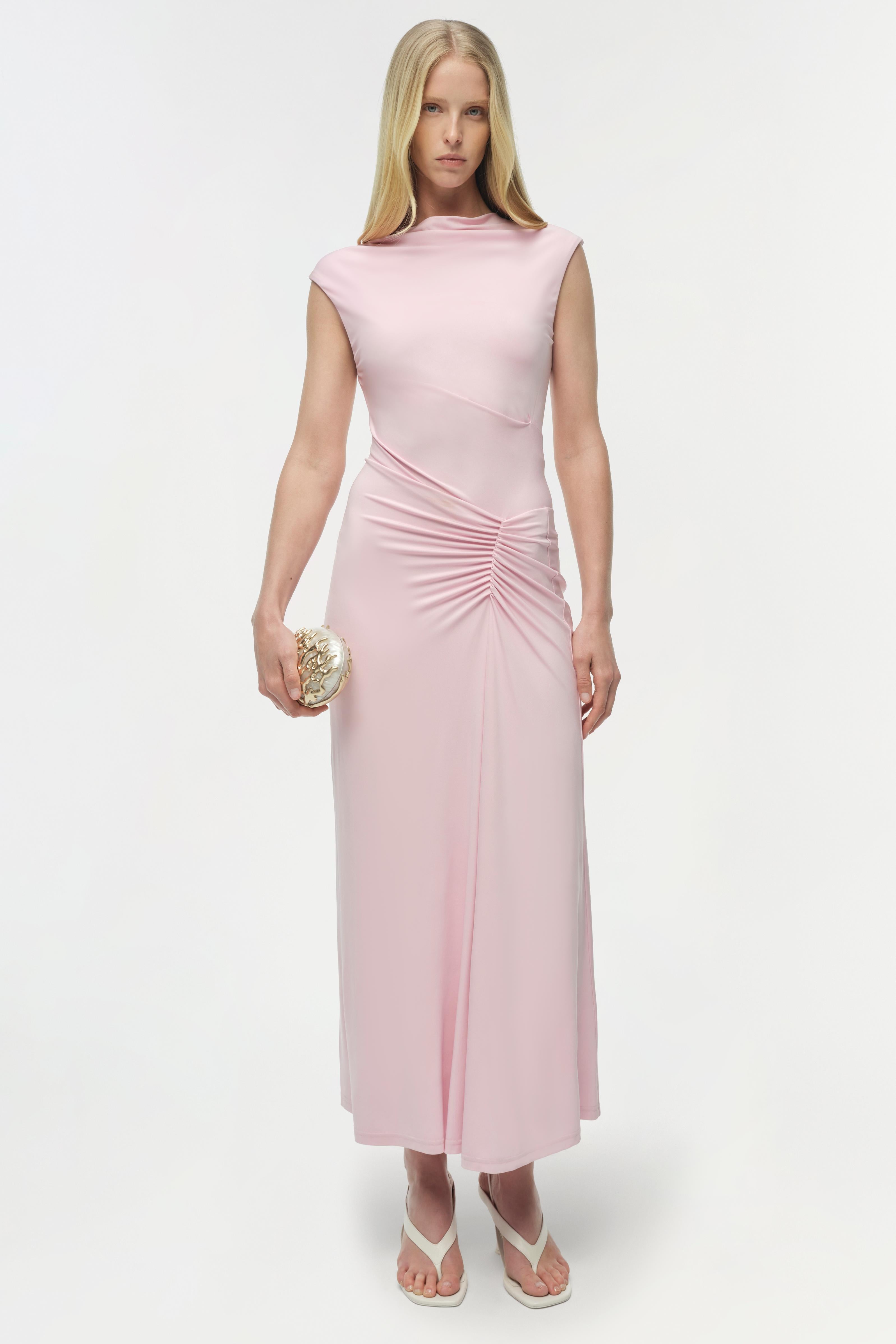 SIMKHAI Acacia Draped Jersey Midi Dress in Pink SIMKHAI Acacia Draped Jersey Midi Dress in Pink