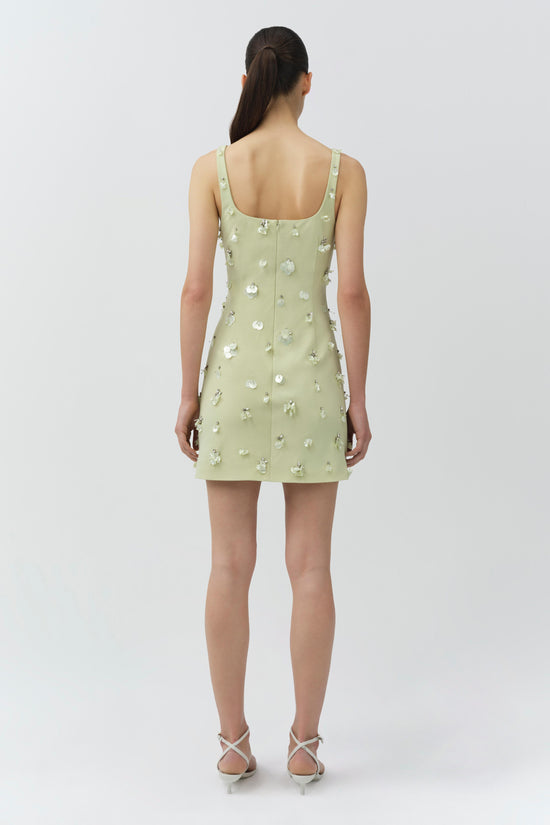 Sage green sleeveless mini dress with white beaded embellishments throughout, scoop neckline, and fitted silhouette.