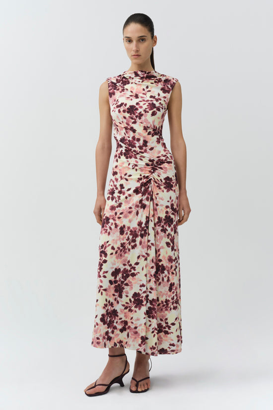Sleeveless midi dress with burgundy and pink floral print on cream background, ruched side detail, and draped neckline.