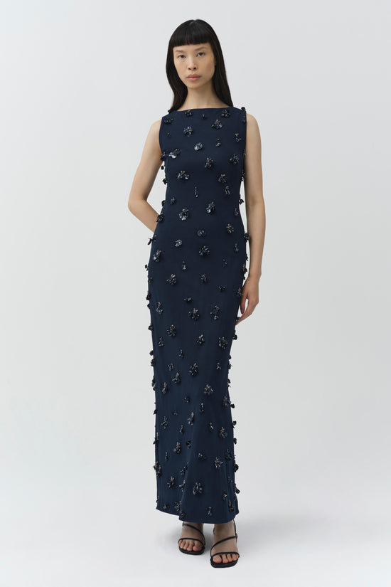 Navy sleeveless midi dress with all-over beaded embellishments and a fitted silhouette.
