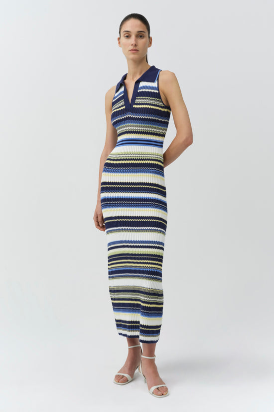 Sleeveless knit midi dress with navy, blue, yellow, and white horizontal stripes and V-neckline.