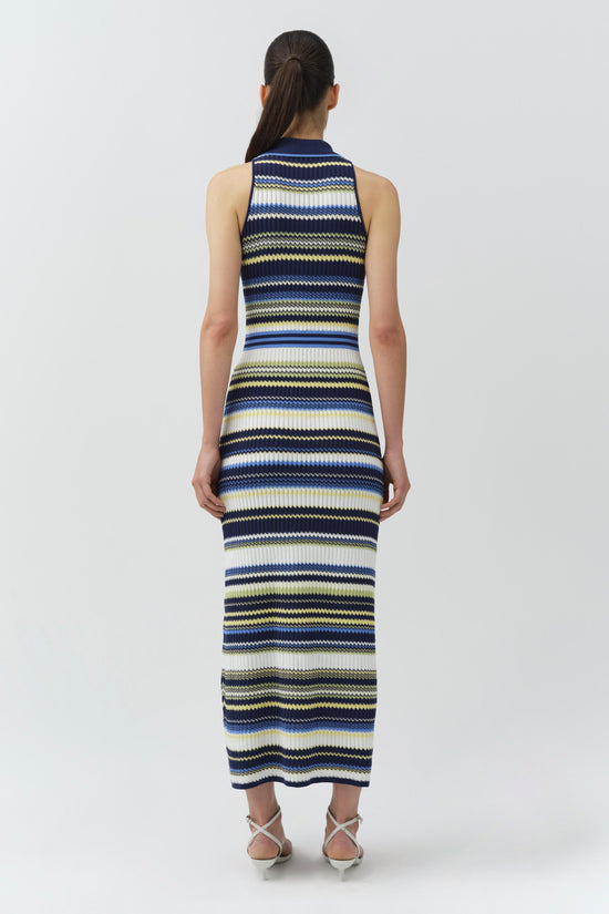Sleeveless knit midi dress with horizontal stripes in navy, blue, yellow, and cream.