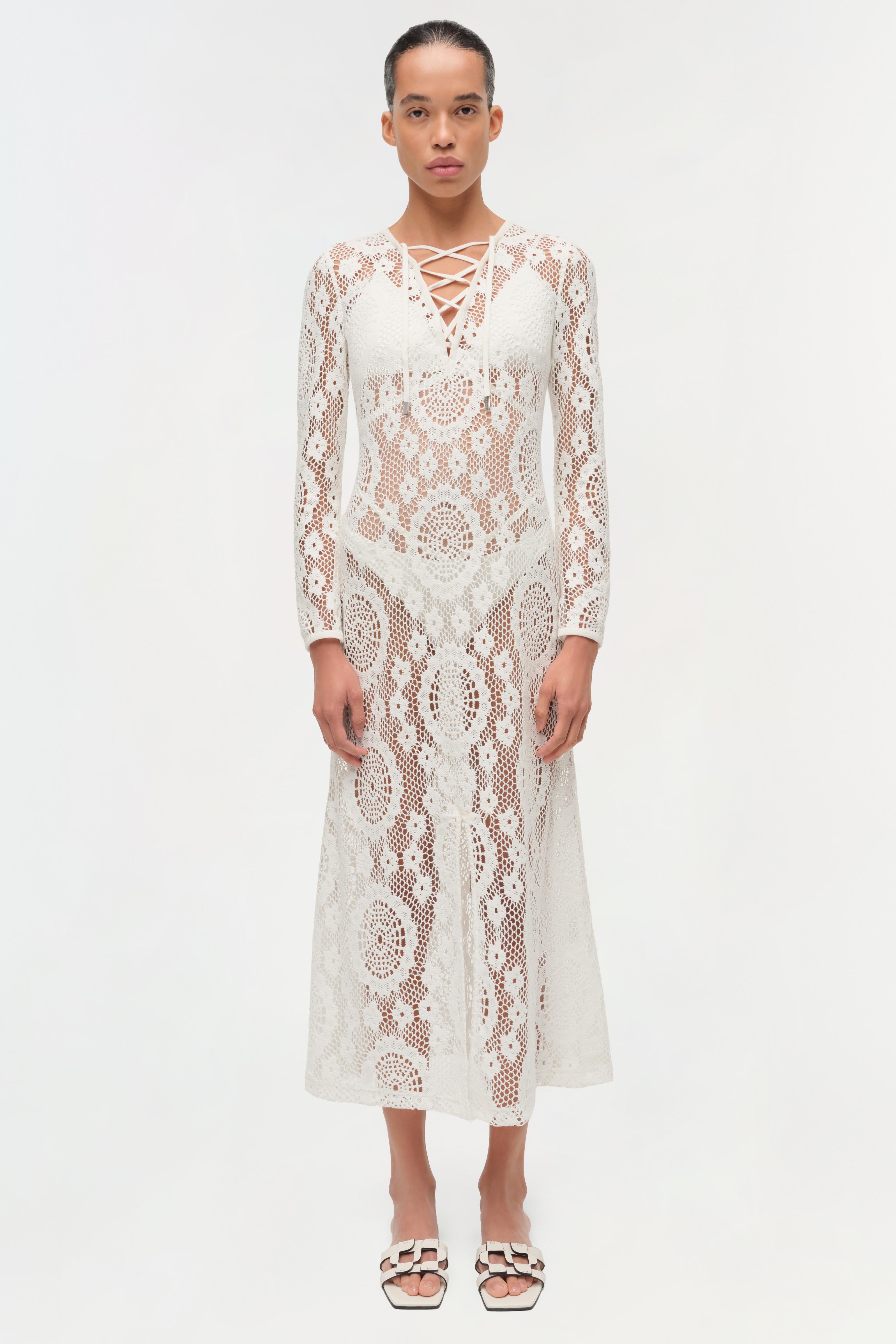 lace up midi dress Simkhai Hawthorne Long-Sleeve Lace Dress