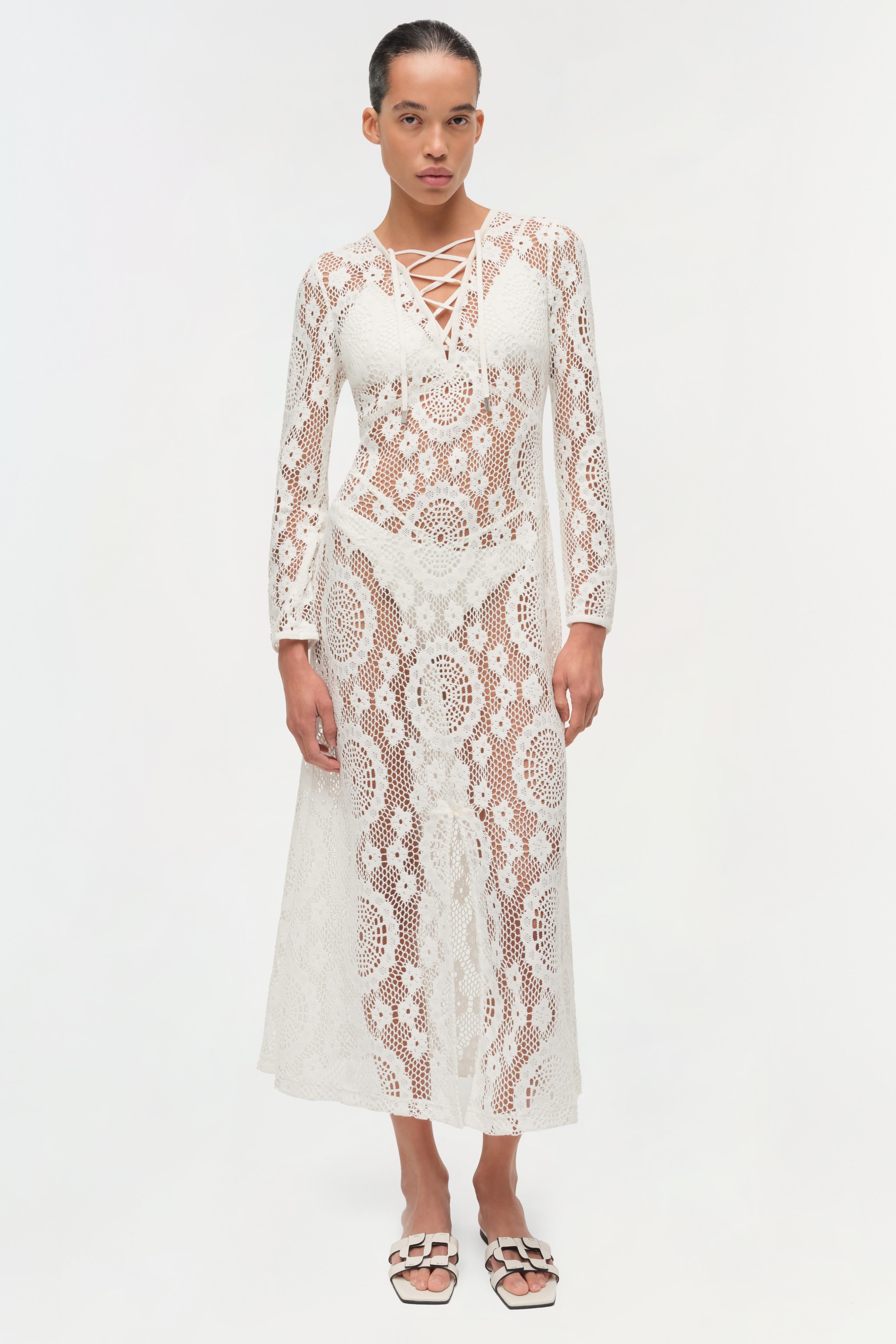 midi lace up dress Surreal Lace-Up Back Tulle Midi Dress Butter