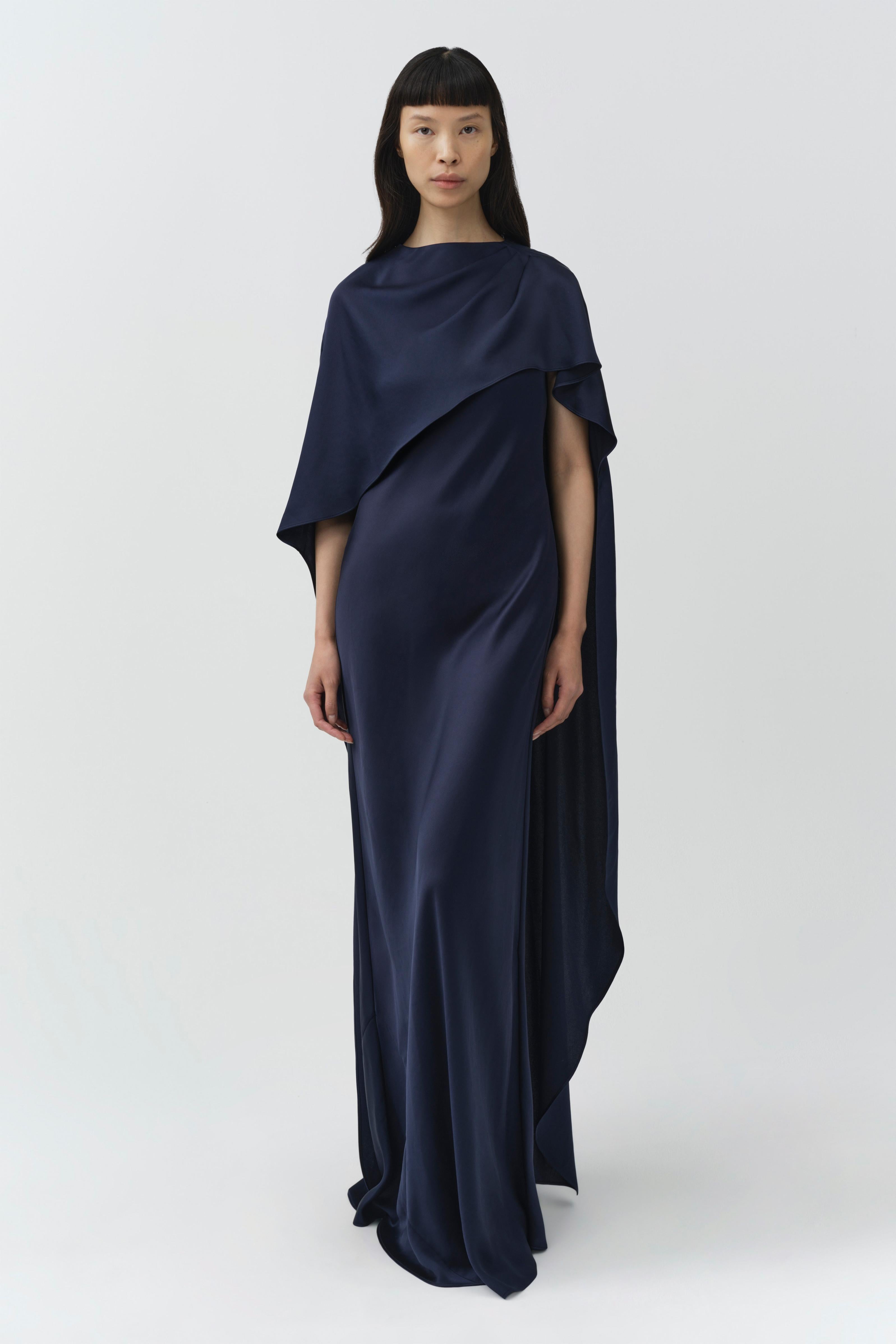 SIMKHAI - Izel Satin Cape Gown - Navy - US 0
