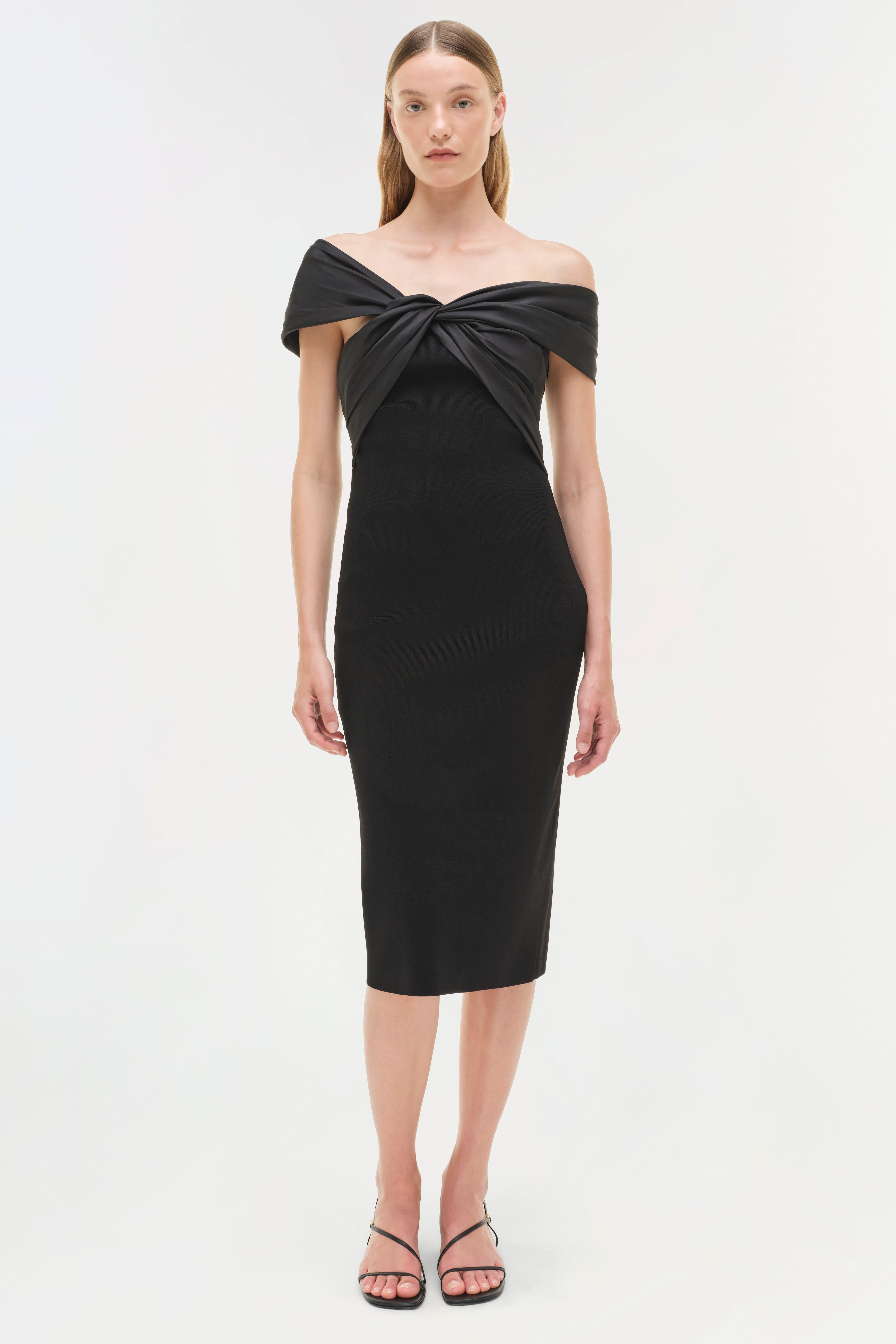 off shoulder midi black dress SIMKHAI Women's Knitted Mia Off Shoulder Midi Dress in Black, Size XS