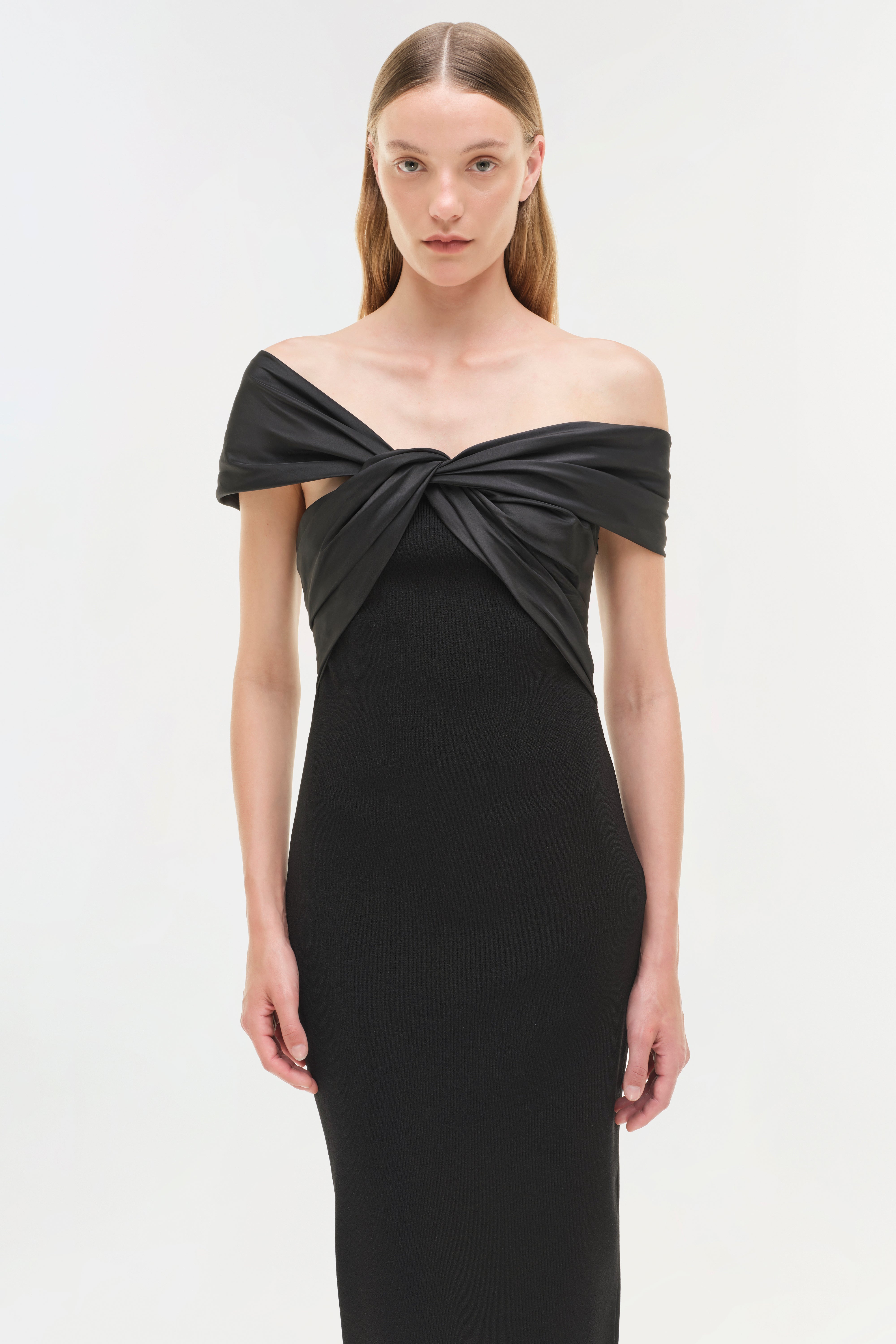 SIMKHAI Women's Knitted Mia Off Shoulder Midi Dress in Black, Size XS SIMKHAI Women's Knitted Mia Off Shoulder Midi Dress in Black, Size XS