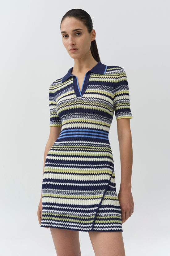 Navy, yellow, and white striped knit polo mini dress with half sleeves and blue waistband detail.