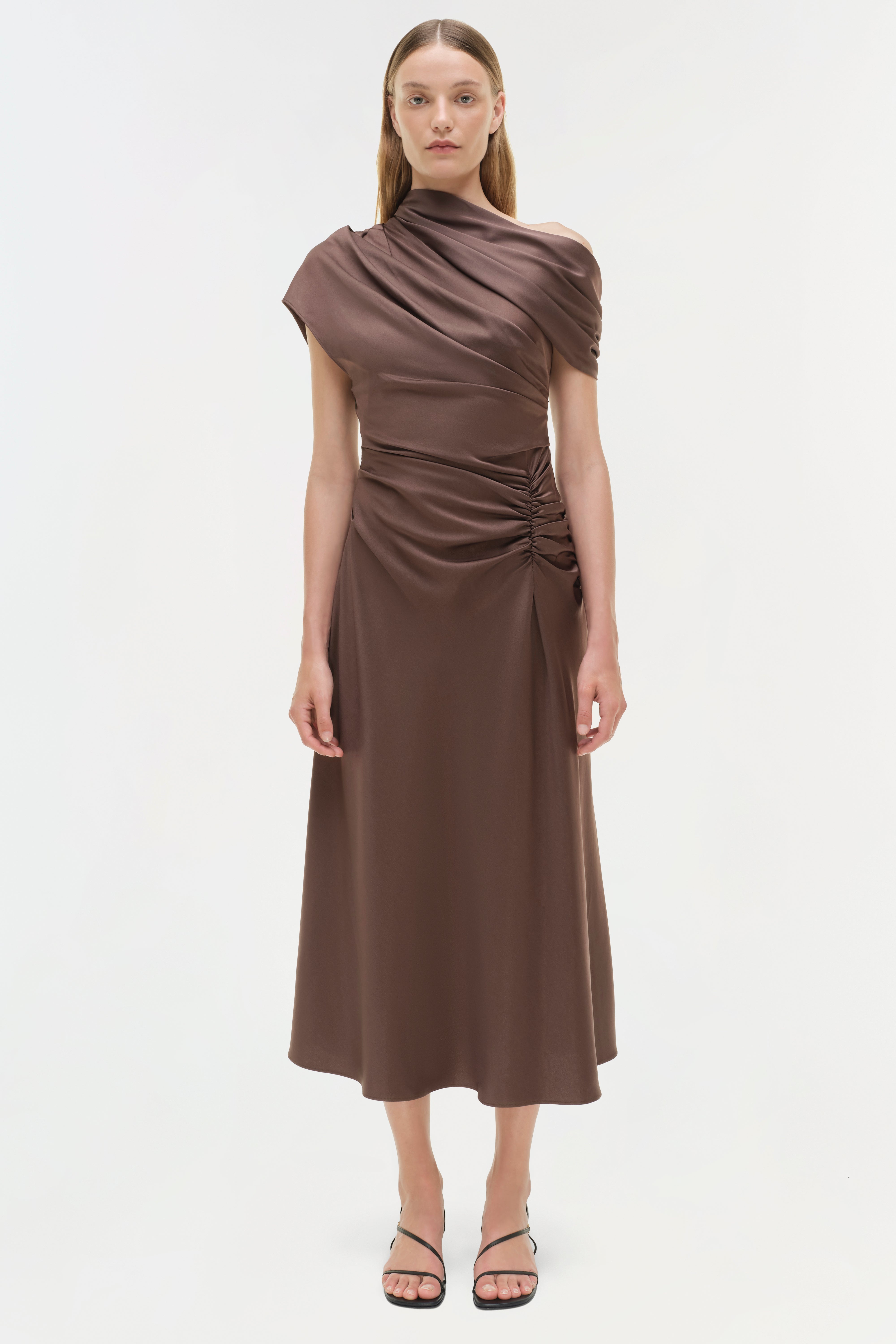 fall satin midi dress Marcella Satin Midi Dress M / Brown
