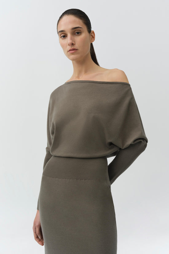 Taupe knit midi dress with off-shoulder neckline and ribbed waistband.