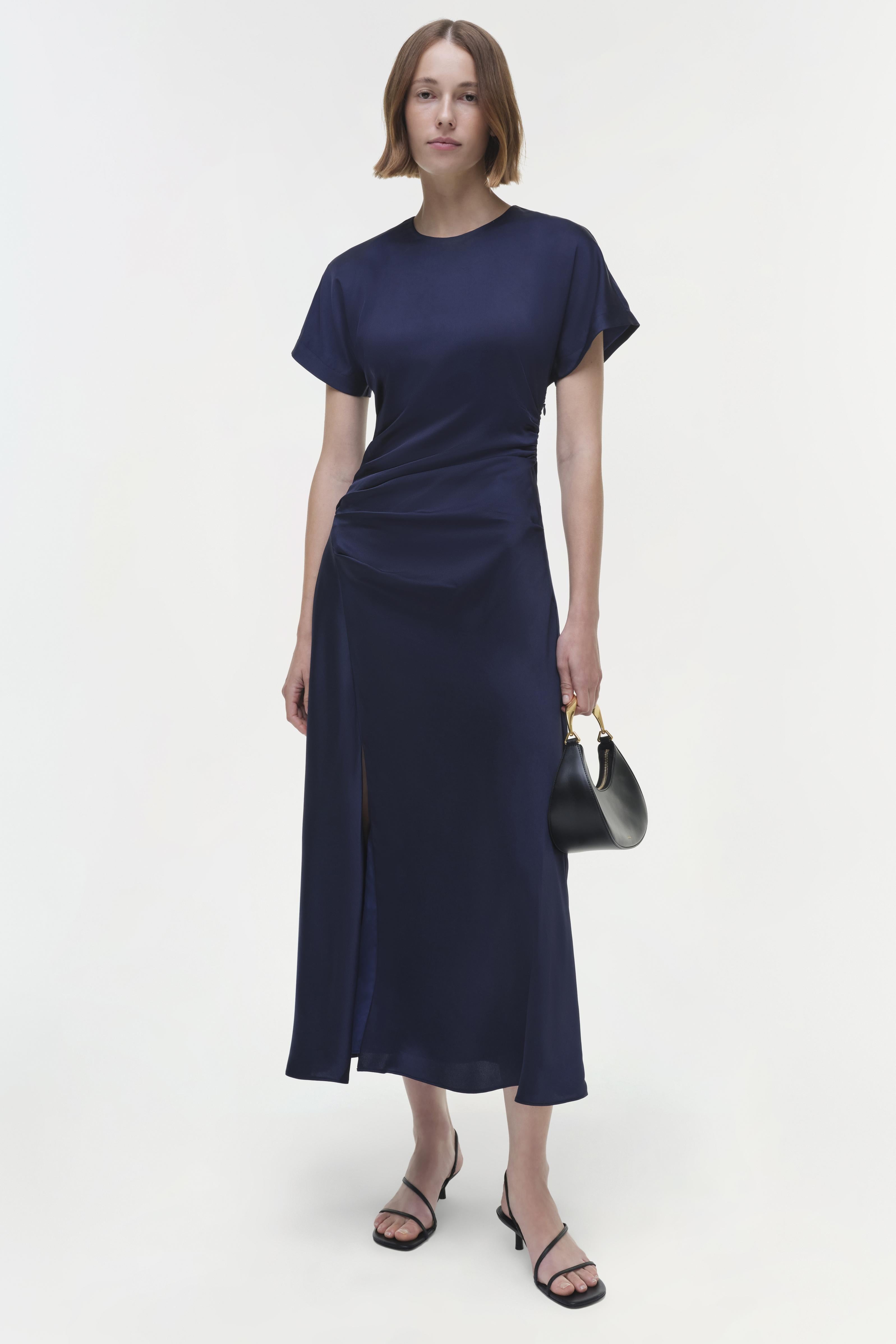 mineral blue satin insert draped chiffon midi dress priyamooky on LTK