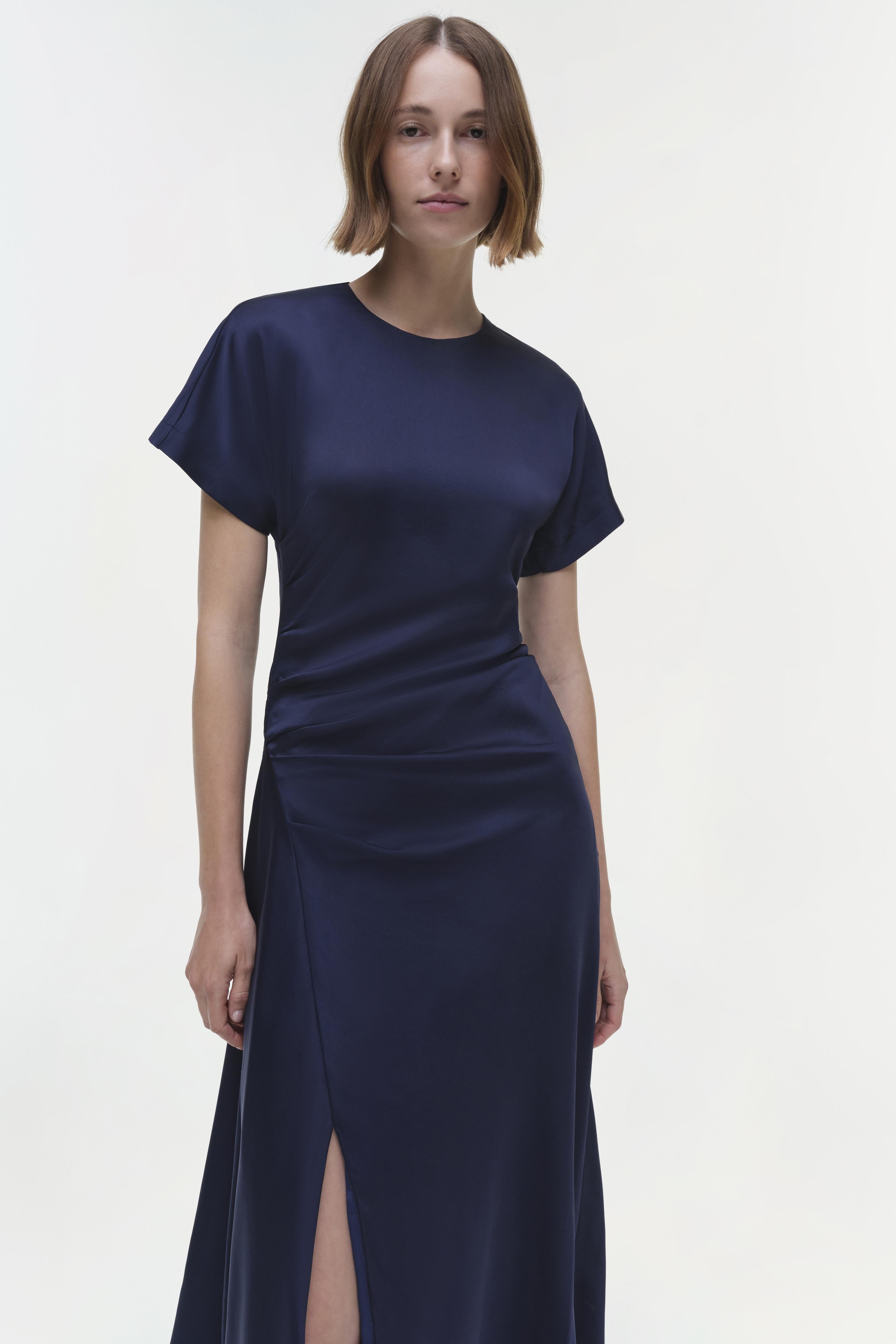 mineral blue satin insert draped chiffon midi dress tiffanylramirez on LTK