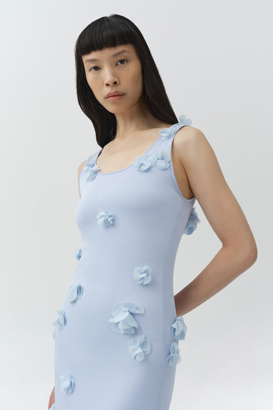 Light blue sleeveless midi dress with 3D floral appliqués scattered across the bodice and skirt.