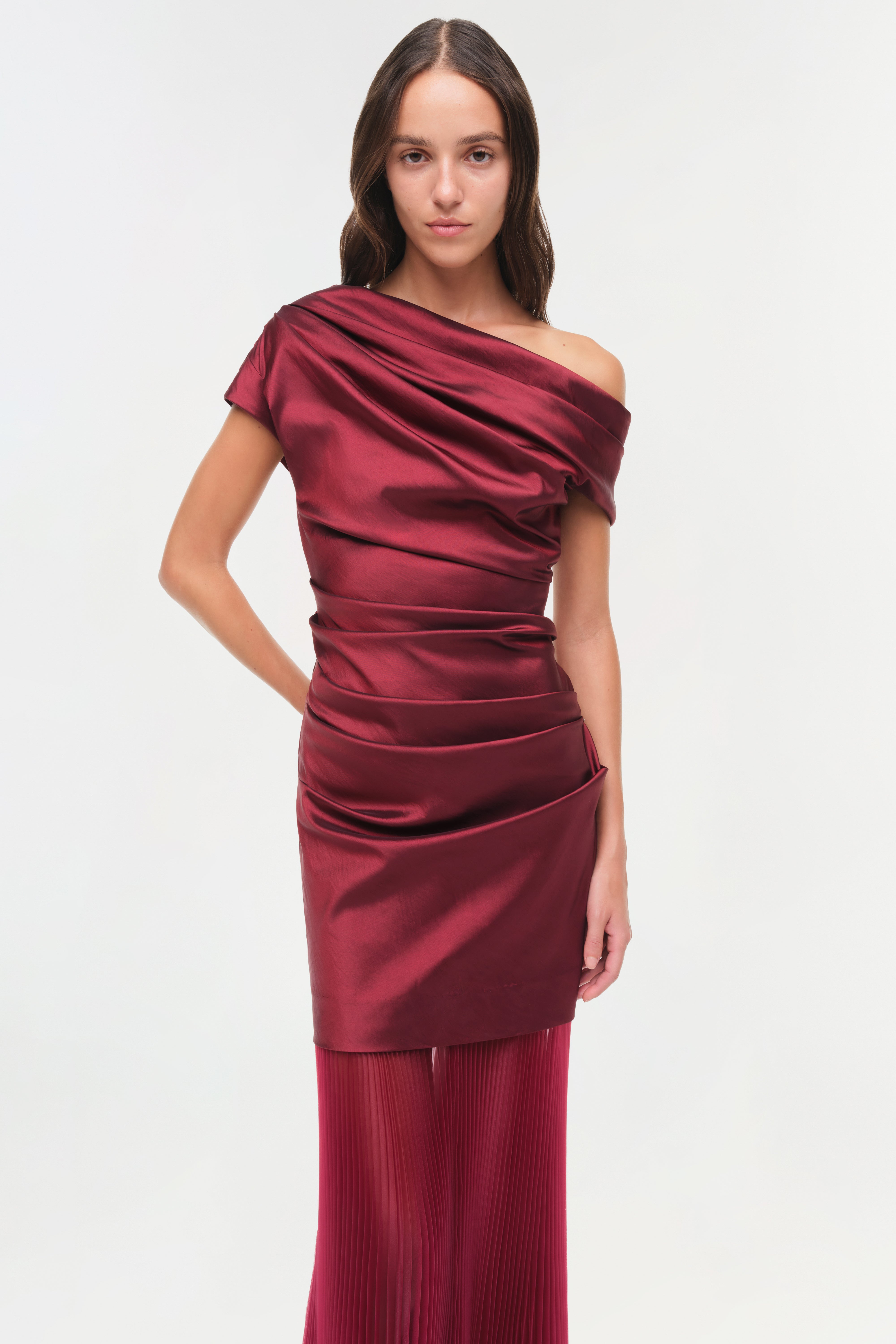 SIMKHAI Ammalie Organza-Trimmed Taffeta Midi Dress - Burgundy SIMKHAI Ammalie Organza-Trimmed Taffeta Midi Dress - Burgundy