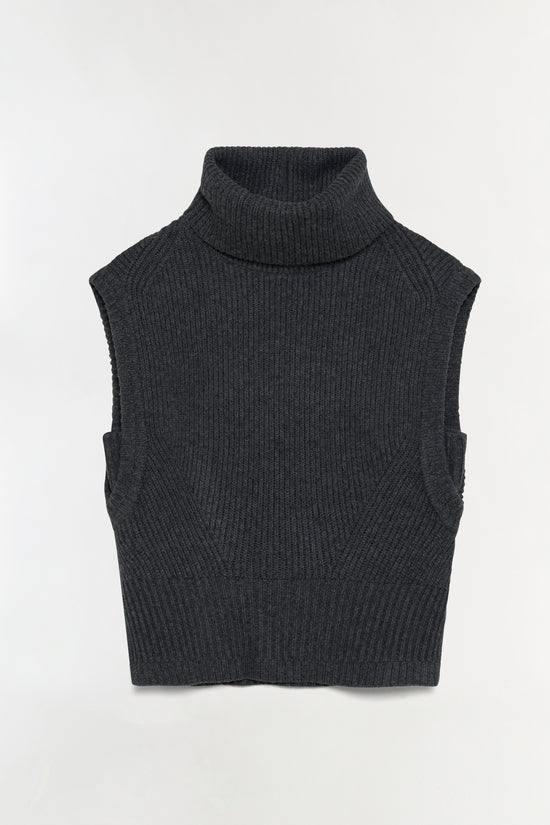 Charcoal ribbed knit sleeveless turtleneck top with vertical texture.