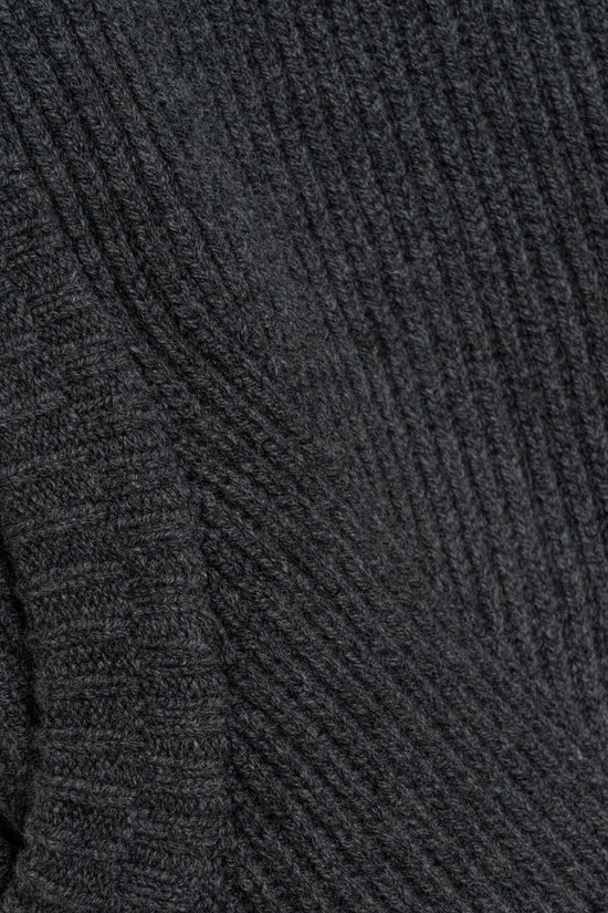 Charcoal gray ribbed knit fabric with vertical texture detail.